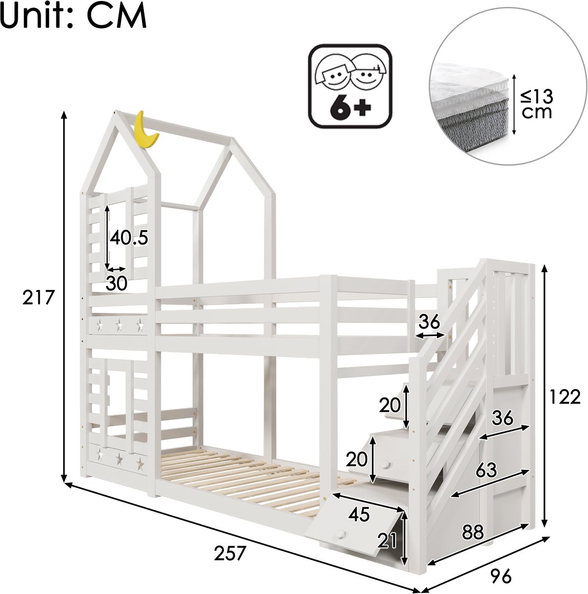 Houten stapelbed in boomhutstijl - Magisch kinderbed met sterren- en maanontwerp en opbergtrap - 90x200 cm - 2 personen - Wit - EN 747-1:2024 gecertificeerd - Inclusief 2 lattenbodems en opberglades