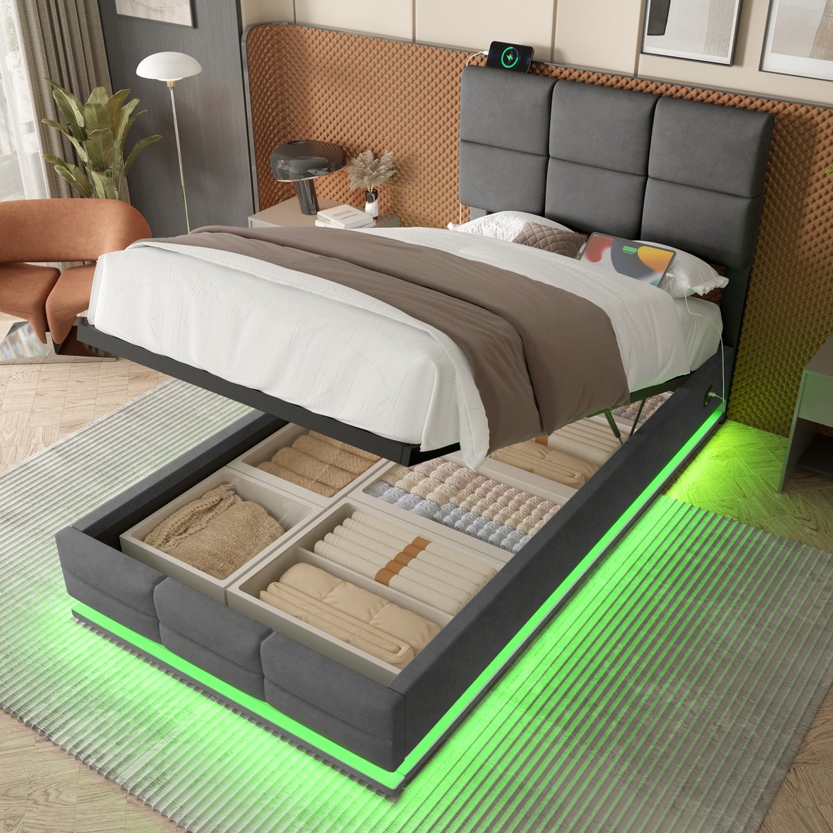 Gestoffeerd bed 90x200 cm - hydraulische opbergruimte, dimbare LED en USB/Type-C - eenpersoons - grijs fluweel - 3-traps verstelbaar hoofdeinde