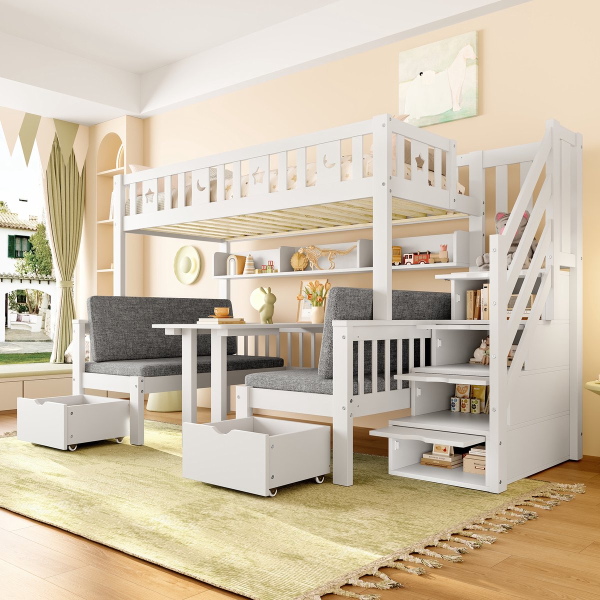 Multifunctioneel kinderhoogslaper - 2-in-1 bureau en slaapbank met kussens - 90x200 cm eenpersoons - wit - opbergtrap en decoratief ster-maan hek