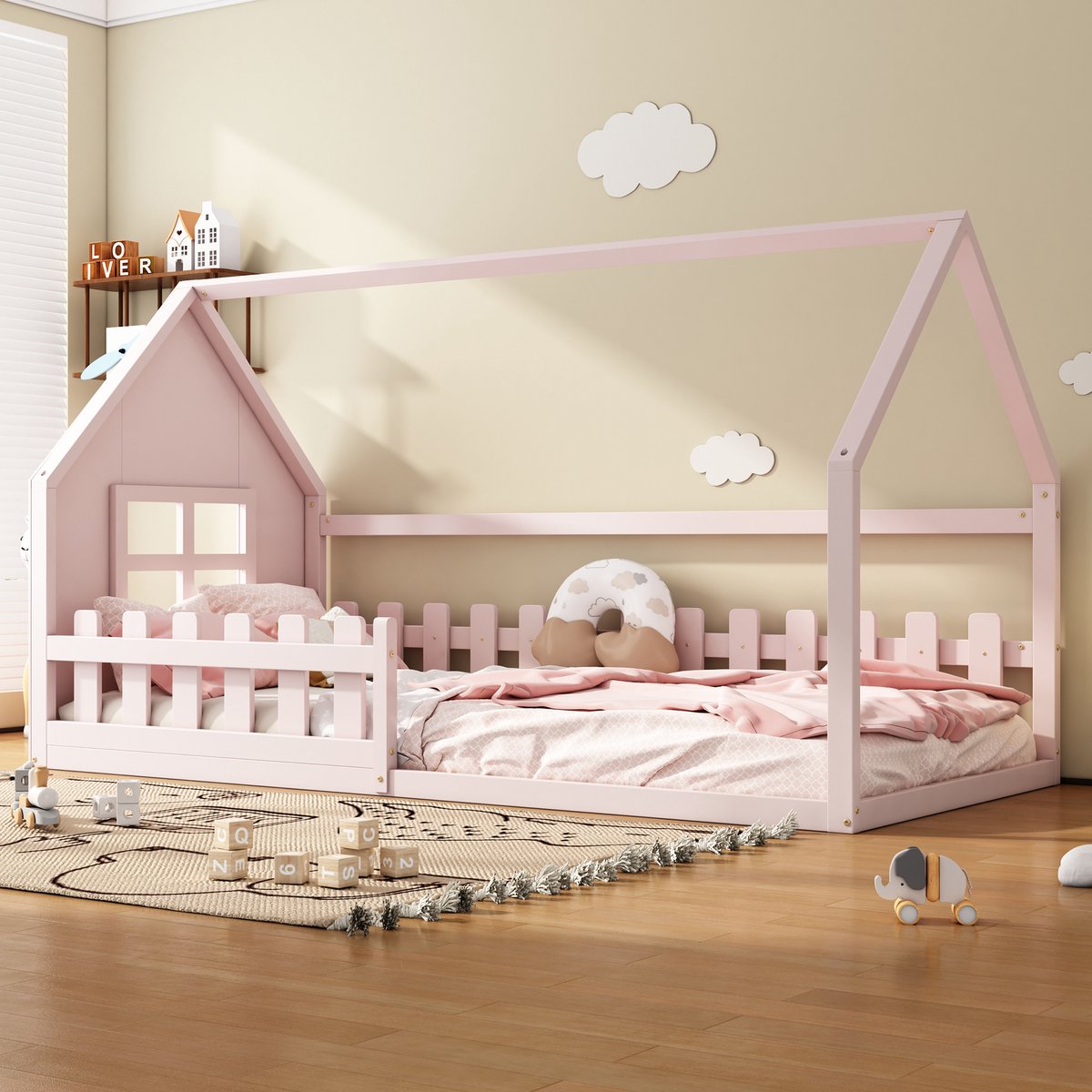 Kinderbed in huisvorm - Magisch sprookjesontwerp - 90x200 cm - 1 persoon - Roze - Hoogwaardig grenen- en MDF-frame - Inclusief lattenbodem - Eenvoudige montage - Veilig en stevig