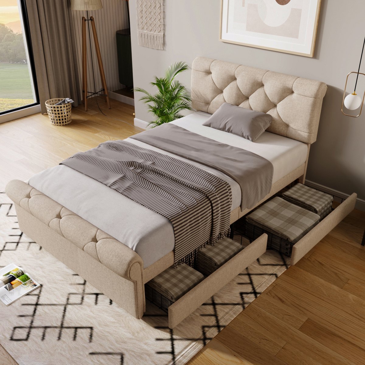 Gestoffeerd eenpersoonsbed - Kruldesign hoofdeinde met Chesterfield knopenpatroon - 90x200 cm voor 1 persoon - Naturel linnen - In hoogte verstelbaar hoofdeinde - Inclusief 2 ruime opberglades