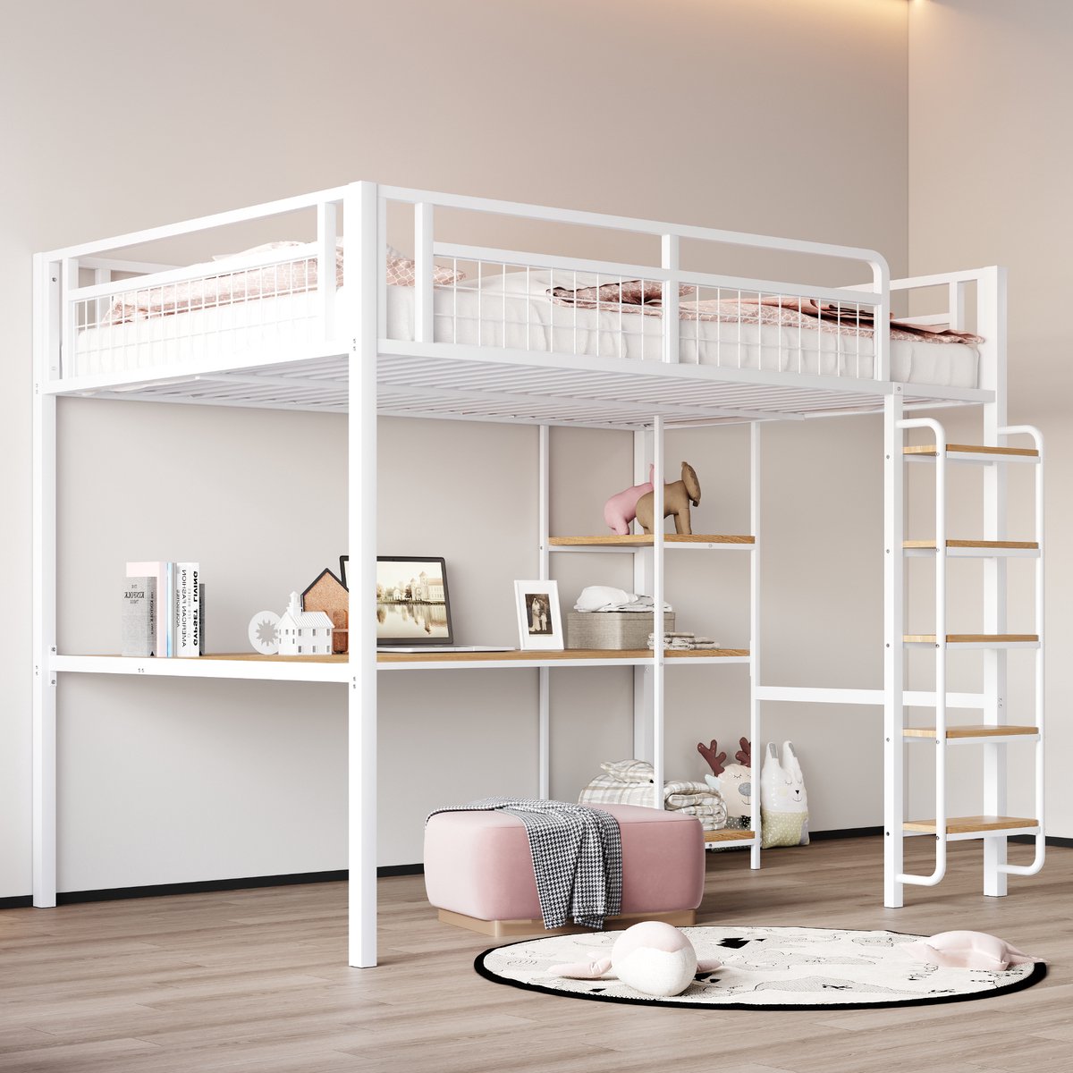 Metalen hoogslaper 140x200 cm - Multifunctioneel slaap-, studeer- en opbergmeubel - 1 persoon - Wit - Veilige ladder met brede antislip treden - Bureau en open legplanken - Metalen gaas veiligheidshek