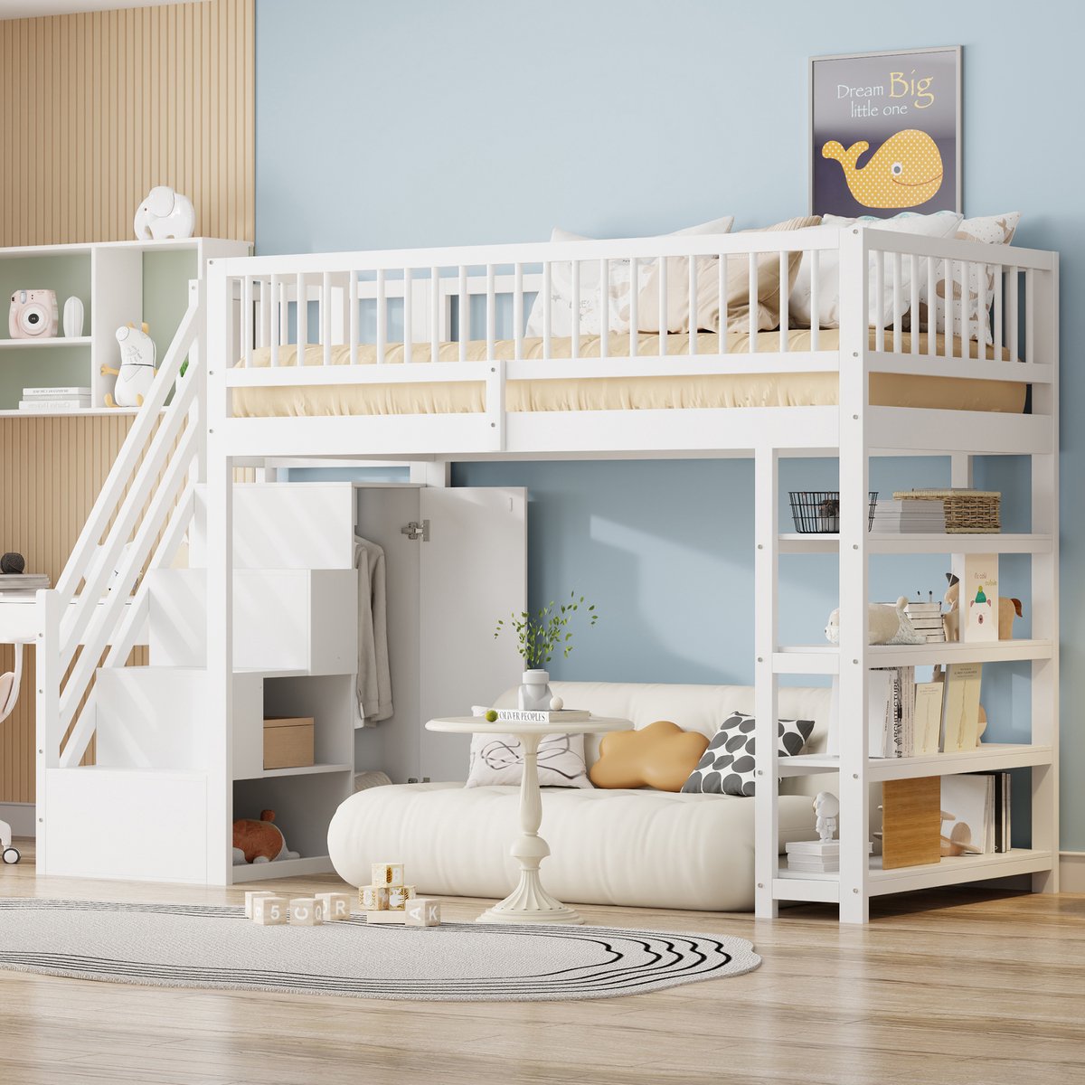 Hoogslaper met kledingkast en legplanken - multifunctioneel en veilig voor kinderkamer - 90x200 cm eenpersoons - wit - massief grenen frame en hoog hekwerk - inclusief 15-delige lattenbodem