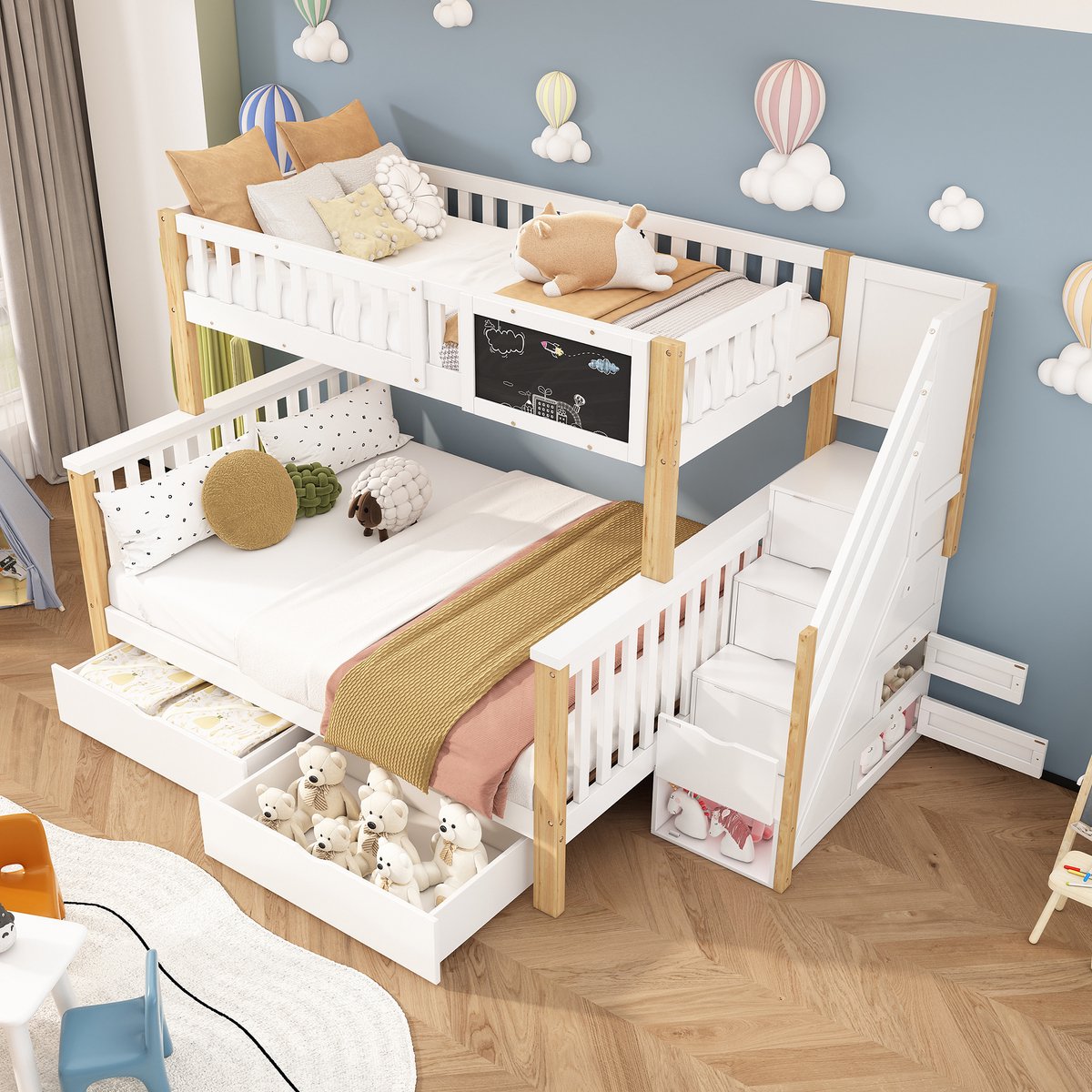 Kinderstapelbed - Multifunctioneel met schoolbord en opbergtrap - Boven 90x200, onder 140x200 cm - Wit+Lichte Eik - Inclusief 2 lades en kastjes - Veiligheidsreling op bovenbed
