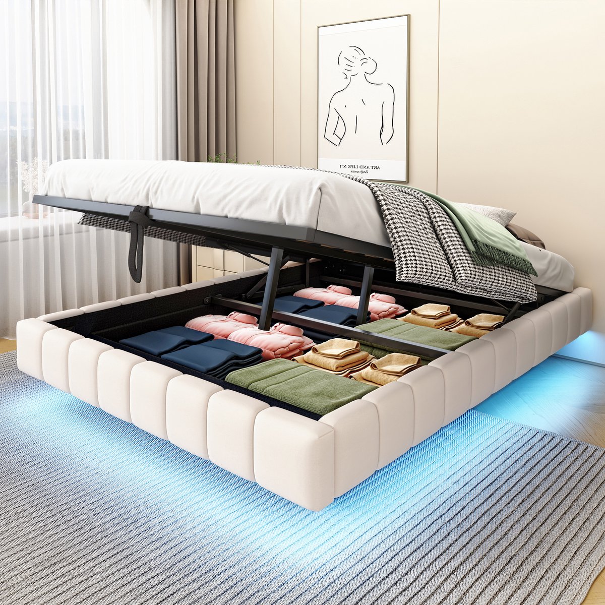 Gestoffeerd zwevend bed 140x200 cm - Minimalistisch design met hydraulische berging en LED - Beige - Geen vast hoofdbord, vrij te combineren - Ademende linnen bekleding