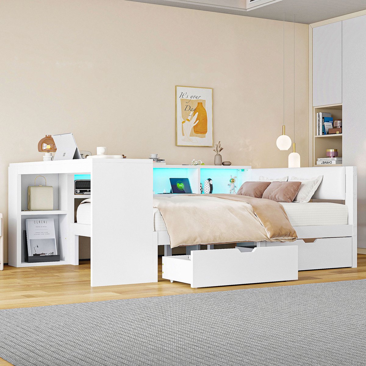 Houten platformbed met opberglades en LED-verlichting - 140x200 cm - Wit - Inclusief USB-laadstation en gestoffeerd hoofdeinde - 7 kleuren sfeerlicht, 2 schuifladen en open legvlakken