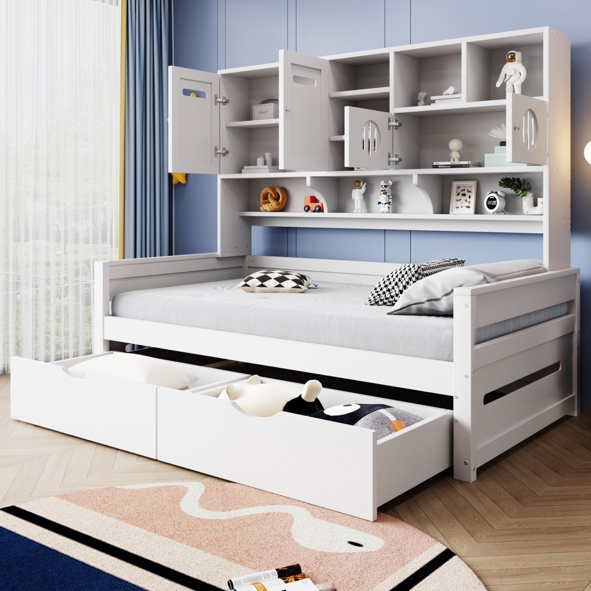 Houten slaapbank met opbergruimte - multifunctioneel bed 90x200 cm - Wit - Opbergvakken aan hoofdeinde en 2 grote lades - Inclusief lattenbodem