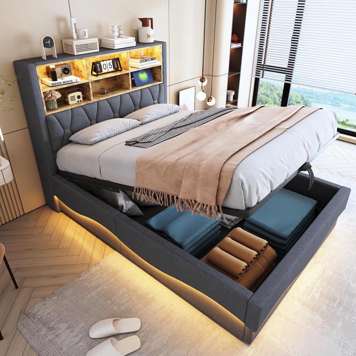 Gestoffeerd opbergbed met hydraulische ruimte en LED - 140x200 cm - Grijs linnen - App-gestuurde sfeerverlichting - USB-oplaadpoort - Stabiel metalen lattenbodem