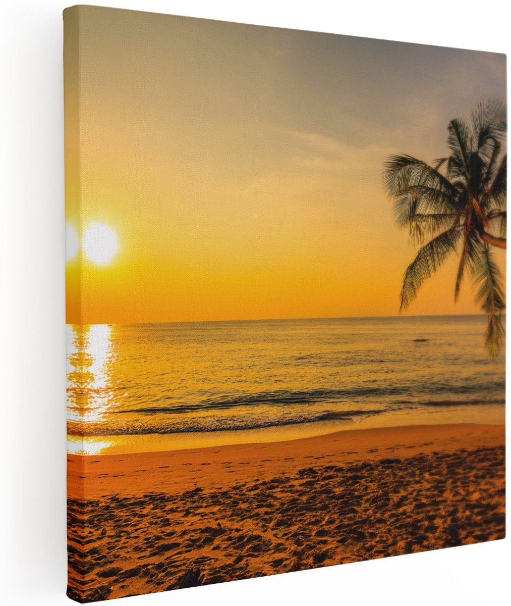 Artaza Canvas Schilderij Tropisch Strand Tijdens Zonsondergang - 100x100 cm - Groot - Wanddecoratie Woonkamer - Schilderijen - Muurdecoratie