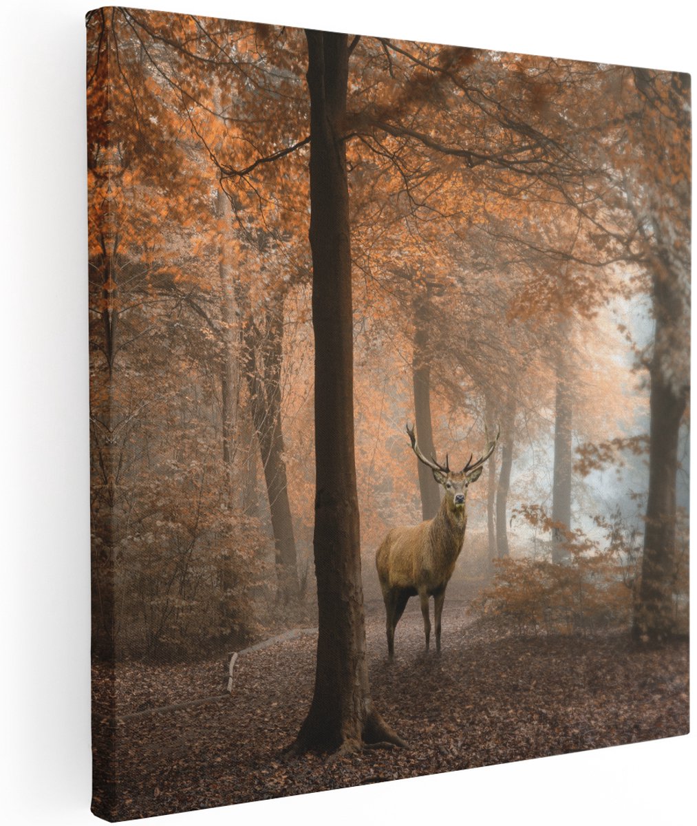 Artaza Canvas Schilderij Hert In Het Bos - Herfst - 100x100 cm - Groot - Wanddecoratie Woonkamer - Schilderijen - Muurdecoratie