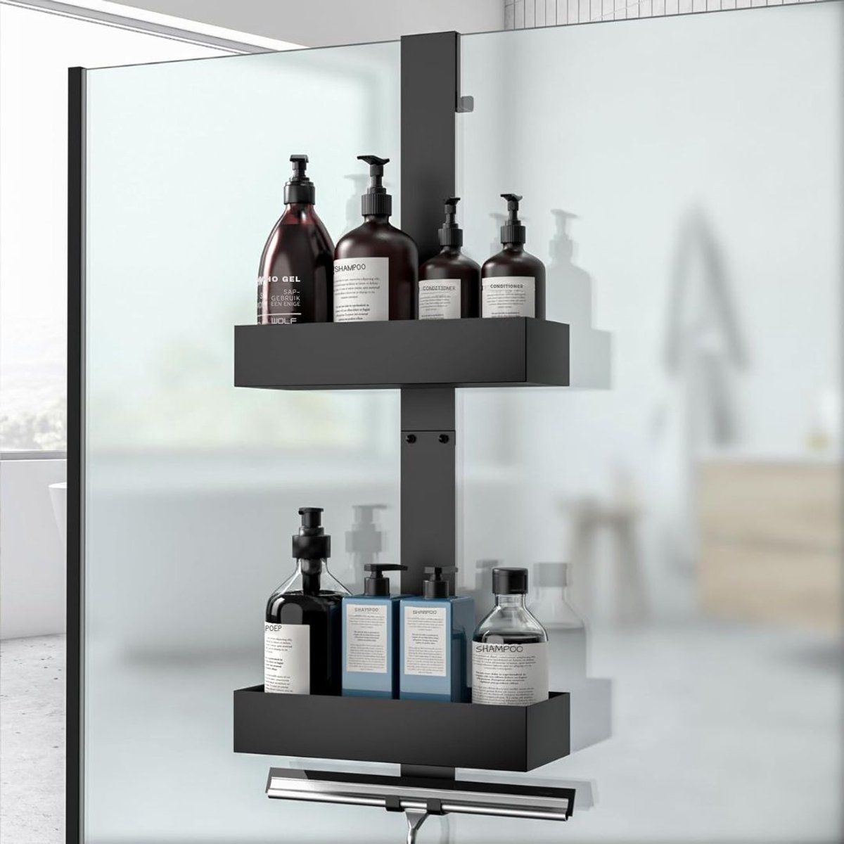 KIRA® Doucherek - Roestvrij Douchemandje - Doucherek Zonder Boren - Telescopisch Doucherek - Zwart - 10cm x 26cm x 64cm