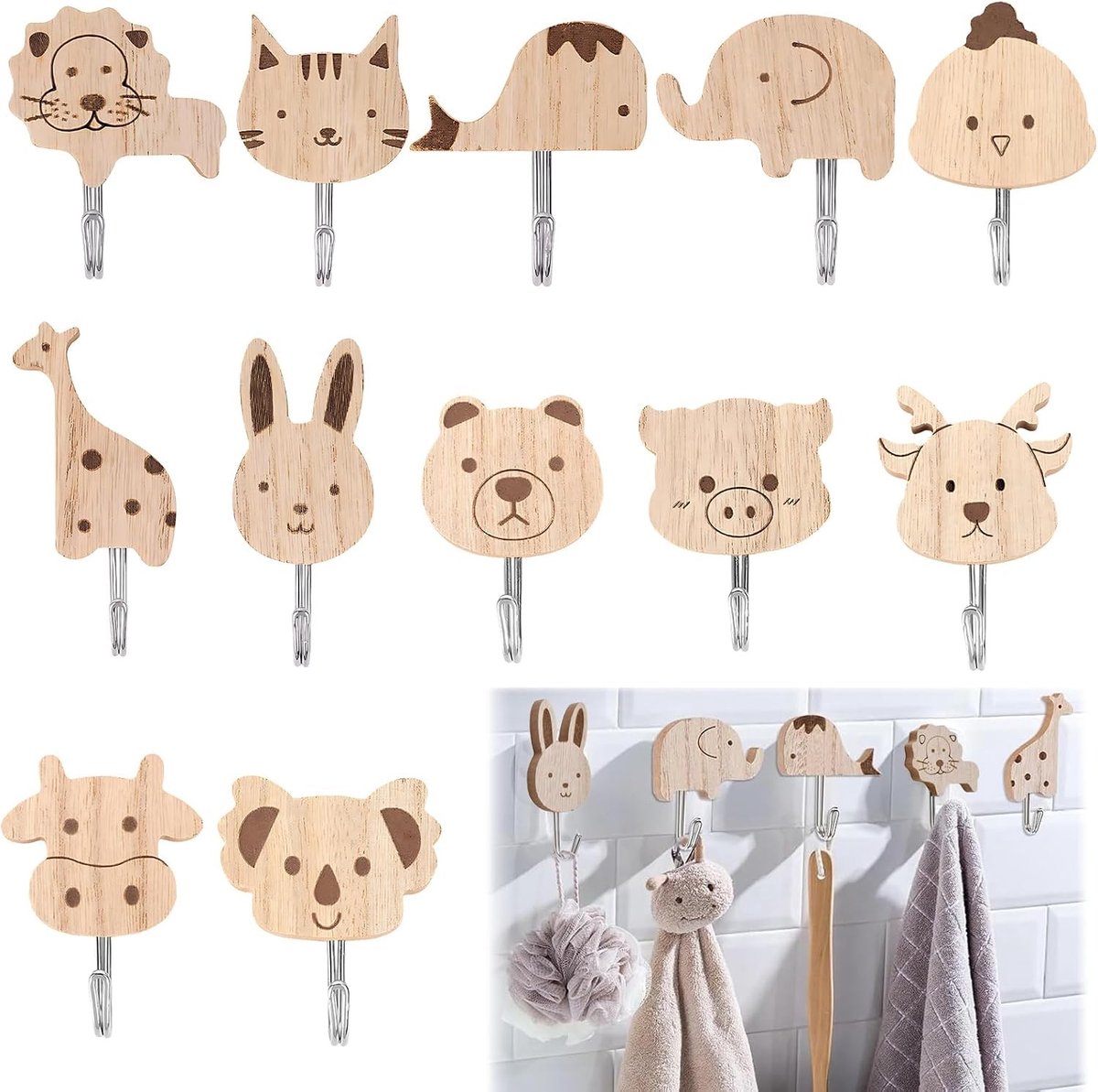 Set van 12 schattige dierengarderobehaken voor kinderen, zelfklevende houten kledinghaken voor kinderkamer en badkamer, praktische en decoratieve haken voor kleding en accessoires