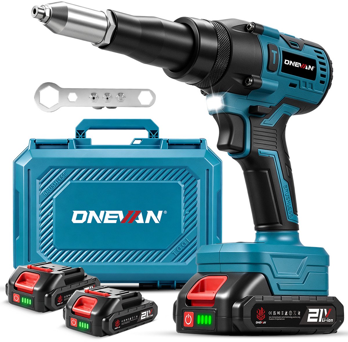 ONEVAN Accu Klinkpistool - 21V Klinknageltang - 25000 N Popnageltangen - met 2 x accu's - Borstelloze motor - voor 2,4 mm / 3,2 mm / 4,0 mm / 4,8 mm