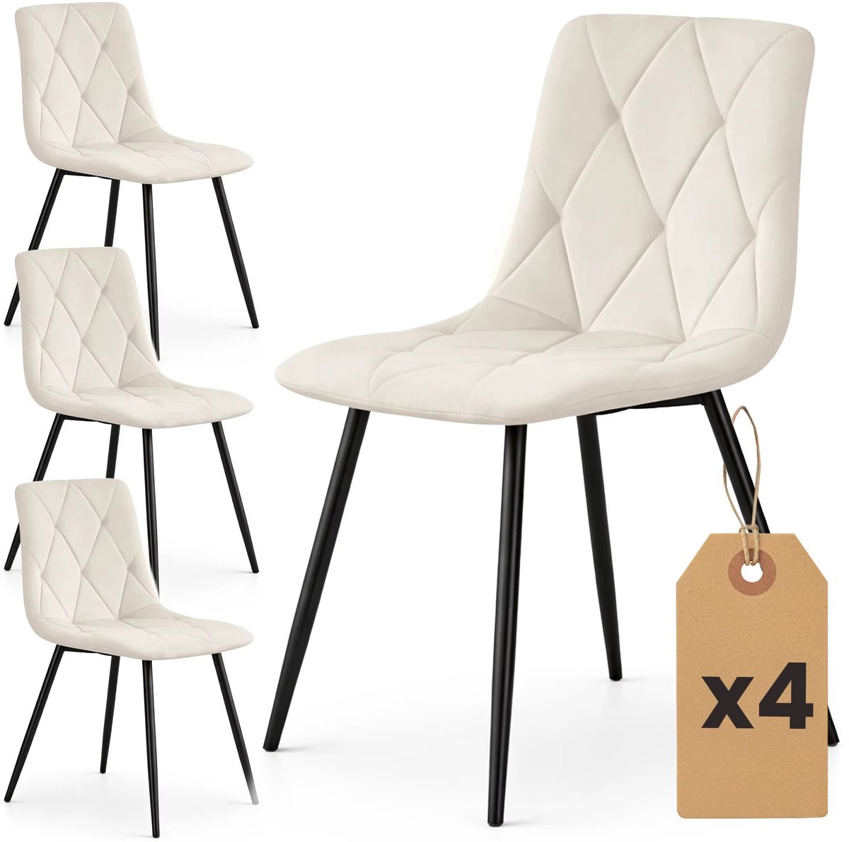 Set van 4 Velours Eetkamerstoelen – Beige Gestoffeerde Stoelen met Gewatteerde Zitting – Moderne Eetkamerstoelen met Zwarte Poten
