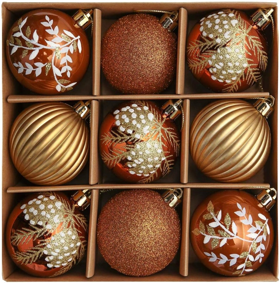 9-delige set van 6 cm kerstballen in koper, goud en brons - Plastic kerstboomdecoraties met luxe verpakking en touw