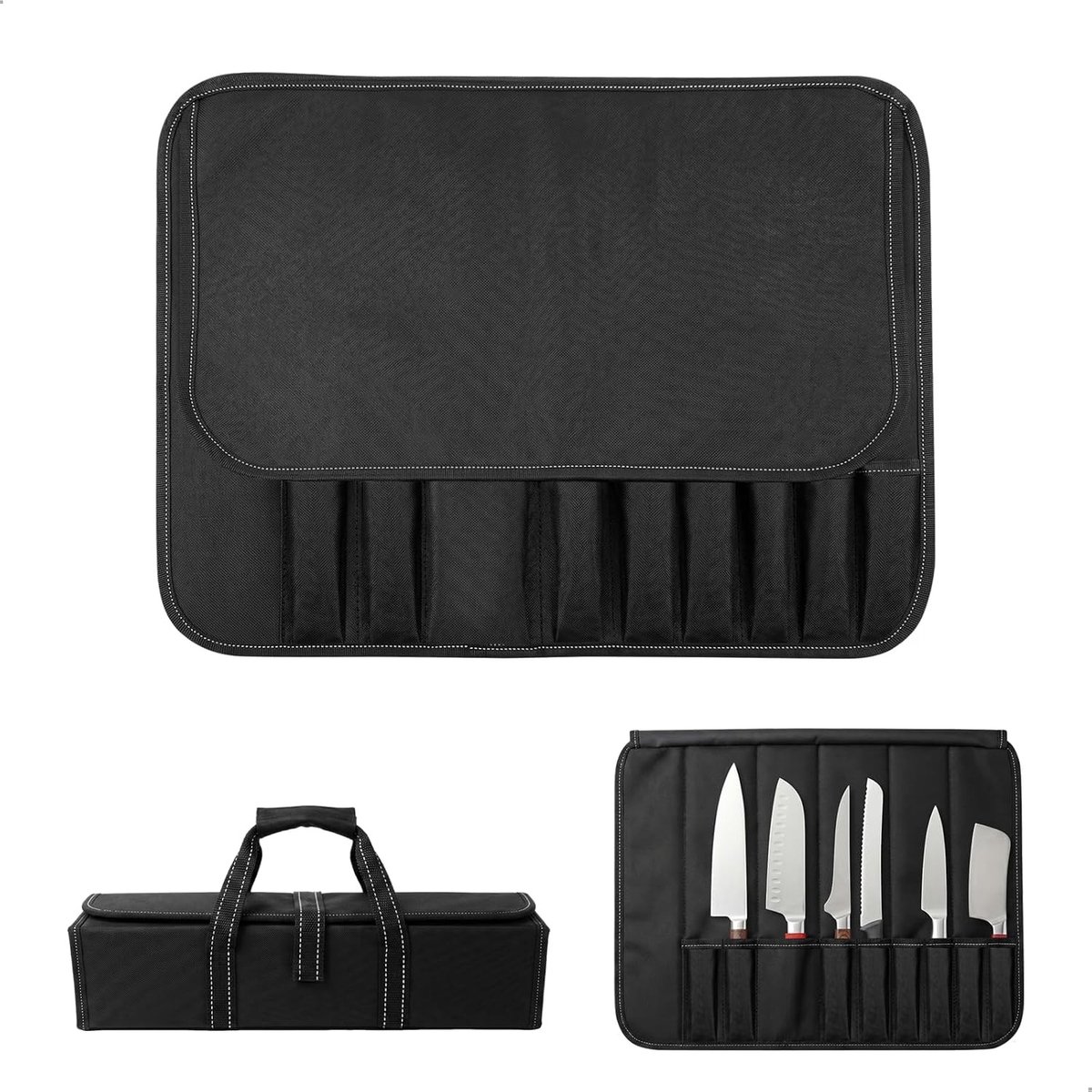 Keukenmes Roll-Up Tas met 9 Compartimenten van Oxford Stof voor Koken en Kamperen, Zwart, Ideaal voor Koks en Kookliefhebbers