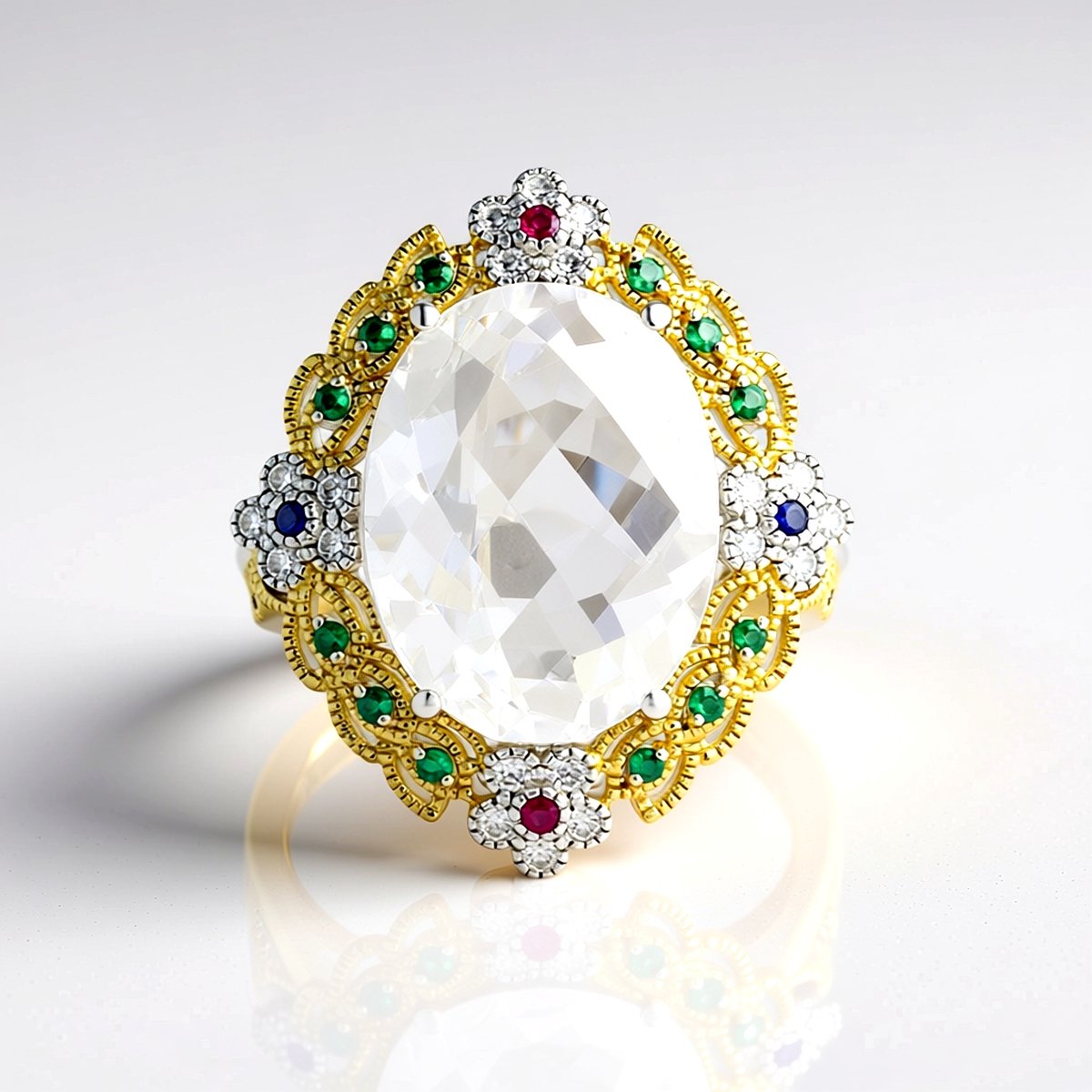 Cavill - 925 Sterling Zilver Palladium ring - 14.22 ct Witte Kwarts Ovaal - Robijn, Saffier, Smaragd accenten - Elegante Avondring