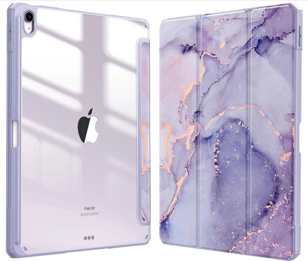 Hybride Slim Case geschikt voor iPad Air 13-inch (M2) 2024-Ingebouwde potloodhouder-Schokbestendige hoes-Heldere transparante achterkant-lila marmer-Automatisch wekken/slapen
