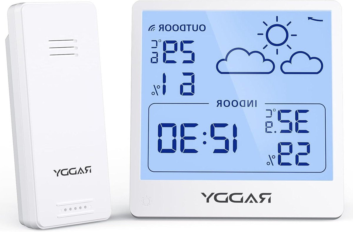 Weerstation Draadloos - Buiten thermometer - Weersvoorspelling - 5 inch TN Display - 100m Bereik - Wit