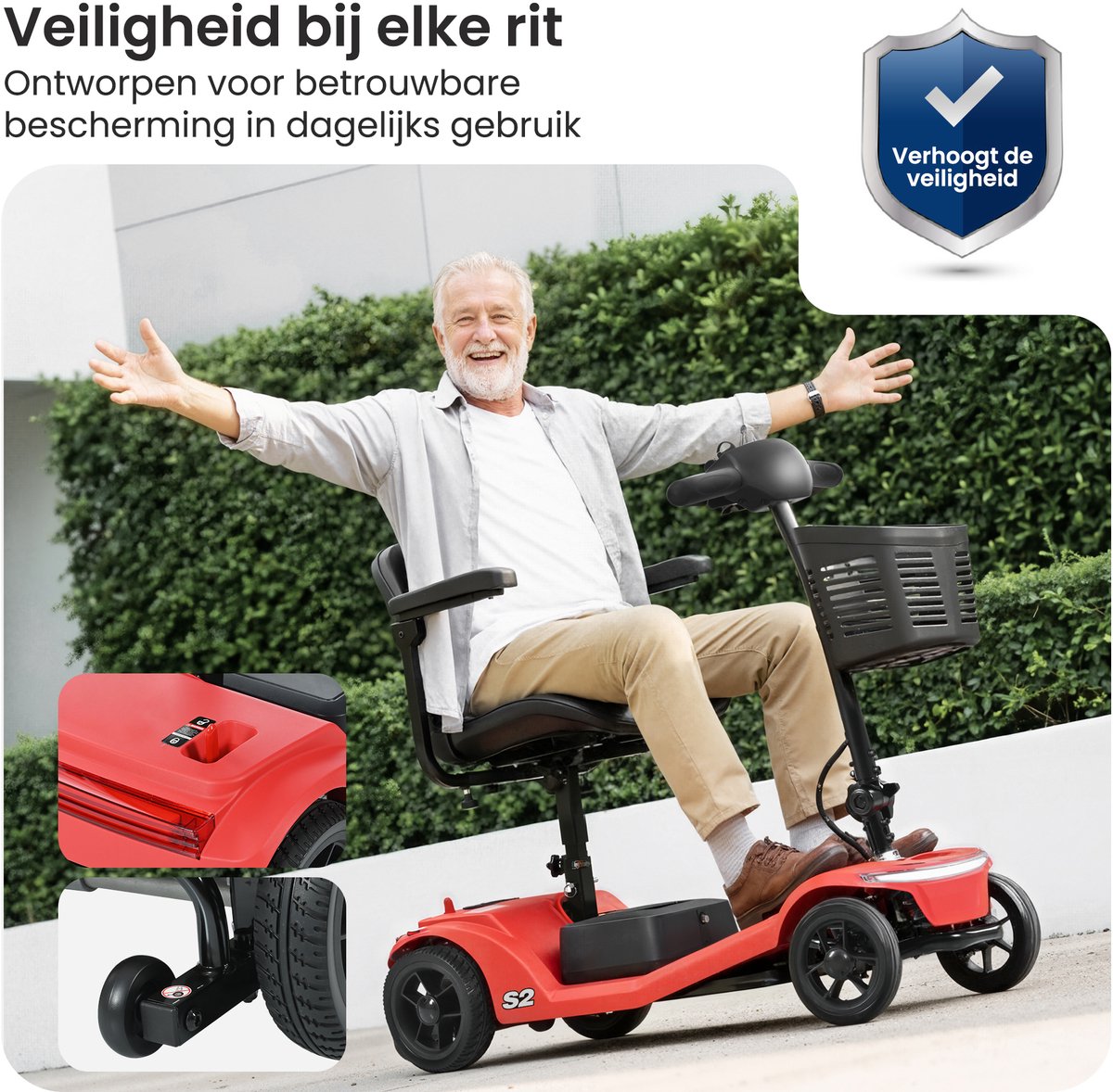 Elektrische Scootmobiel S2 - Scootmobiel Senioren - 4 Wiel Scootmobiel - Mobiliteit Scooter - Elektrische Rolstoel Scooter - Opvouwbare - Scooter - USB Aansluiting - 6 km/u - Draagkracht 136 kg - Rood – foto 6