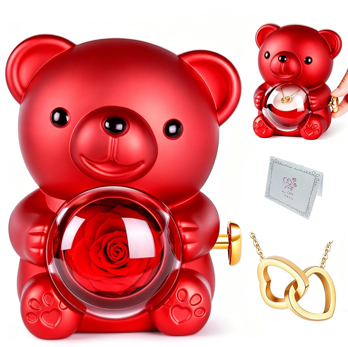 Eternal Rose Bear Hanger - Geconserveerde Bloemenbeer - Rozen Sieradendoos - Hartvormige Ketting - Inclusief Gouden Ketting, Wenskaart en Cadeautas - Valentijnsdagcadeau - Jubileumcadeau - Romantische Cadeauverpakking