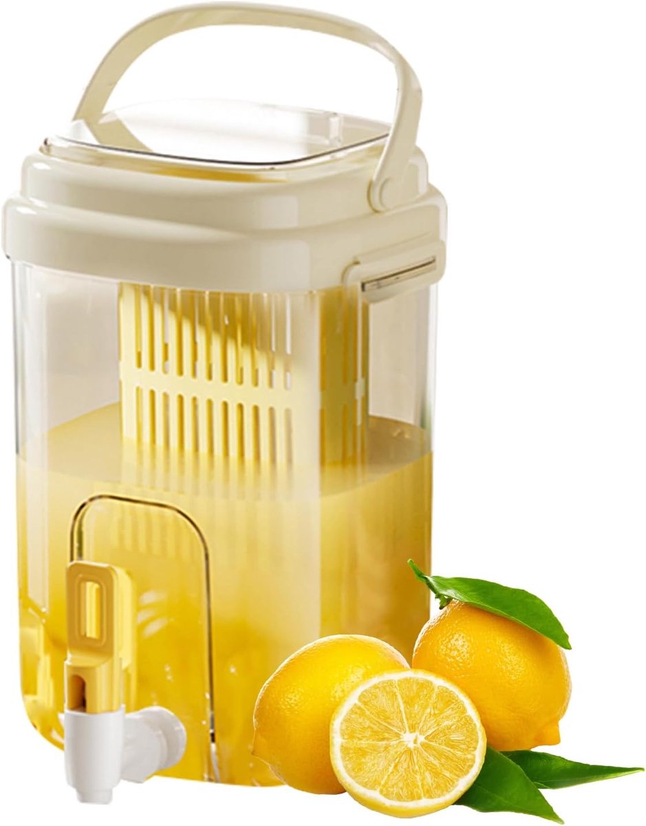 Casalora Waterkan 2L met Kraan – BPA Vrije Koelkast Waterdispenser met Fruitfilter en Handvat – Koude Drankkan voor Sap, Ijsthee en Citroenwater – Geel