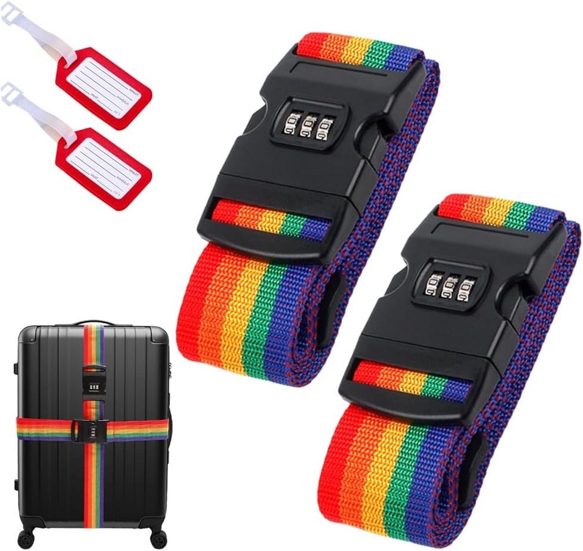 Set van 2 stevige bagagestraps met slot - Ideaal voor koffers en reisbagage - Inclusief 2 naamlabels en extra veiligheid