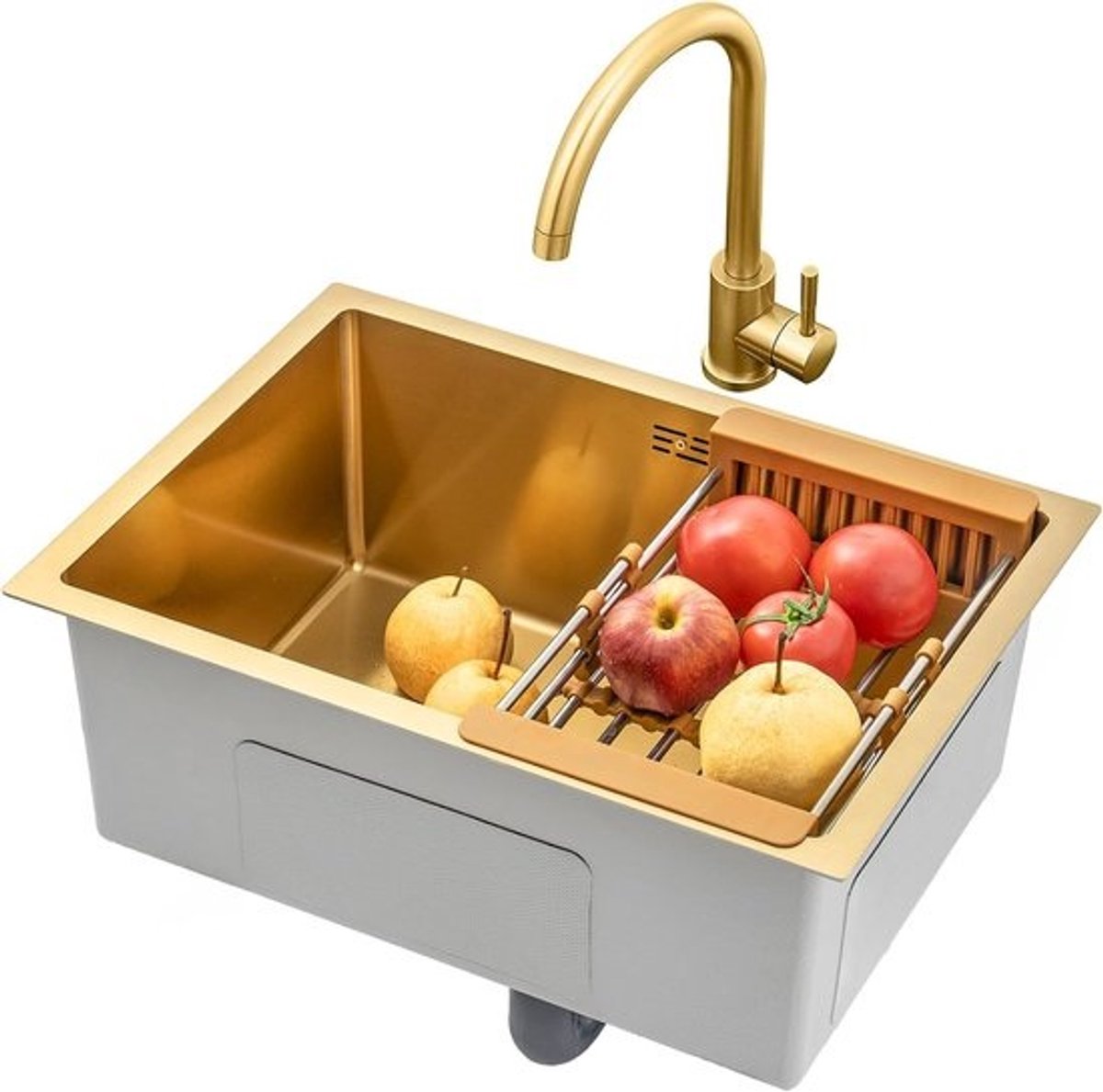 Vierkante Gouden Roestvrijstalen Spoelbak 60x40 cm - Verzonken of Onderbouw Met Kraan en Afvoer