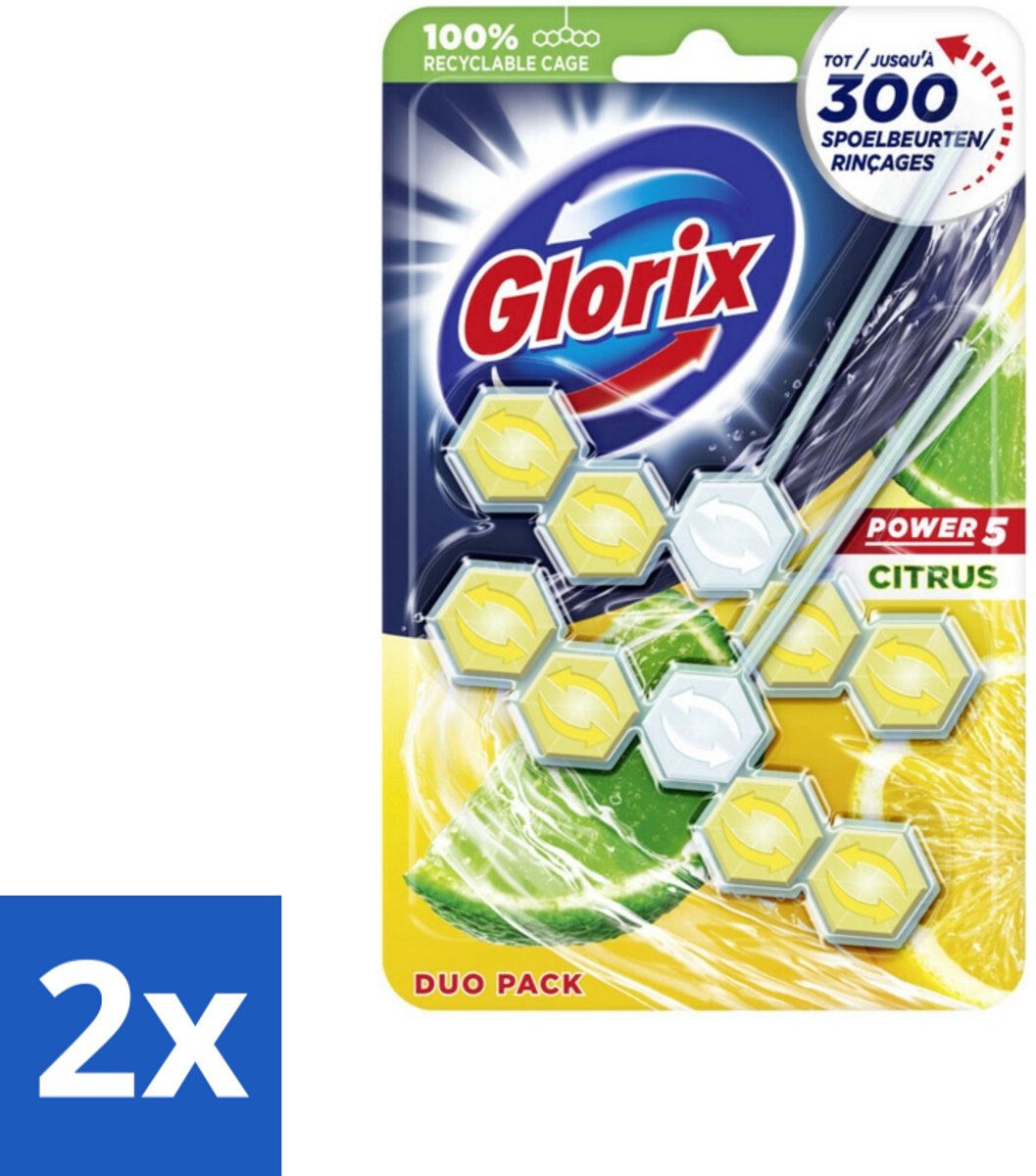 2 x Glorix - Power 5 - Toiletblok - Citrus - Langdurige Frisheid - 2 Blokken - Toilet Schoonmaak - Toiletblok - Toilet Reiniging - Citrusgeur - Kalk Verwijderaar