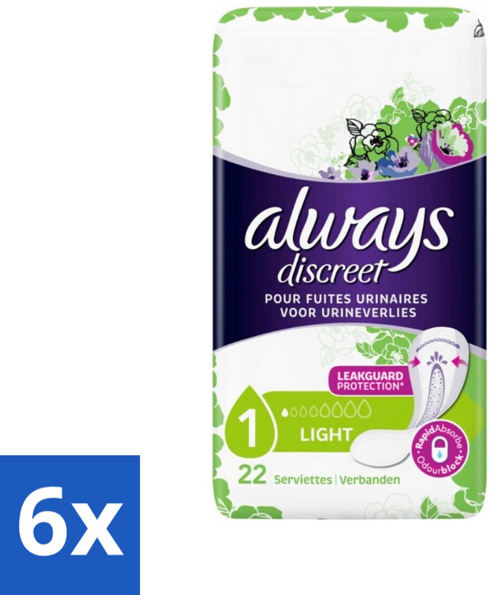 6 x Always Discreet - Maandverband - Lichte Bescherming - 22 Maandverbandjes - Always Discreet - Maandverband - Lichte Bescherming - Maandverbanden - Discreet Comfort