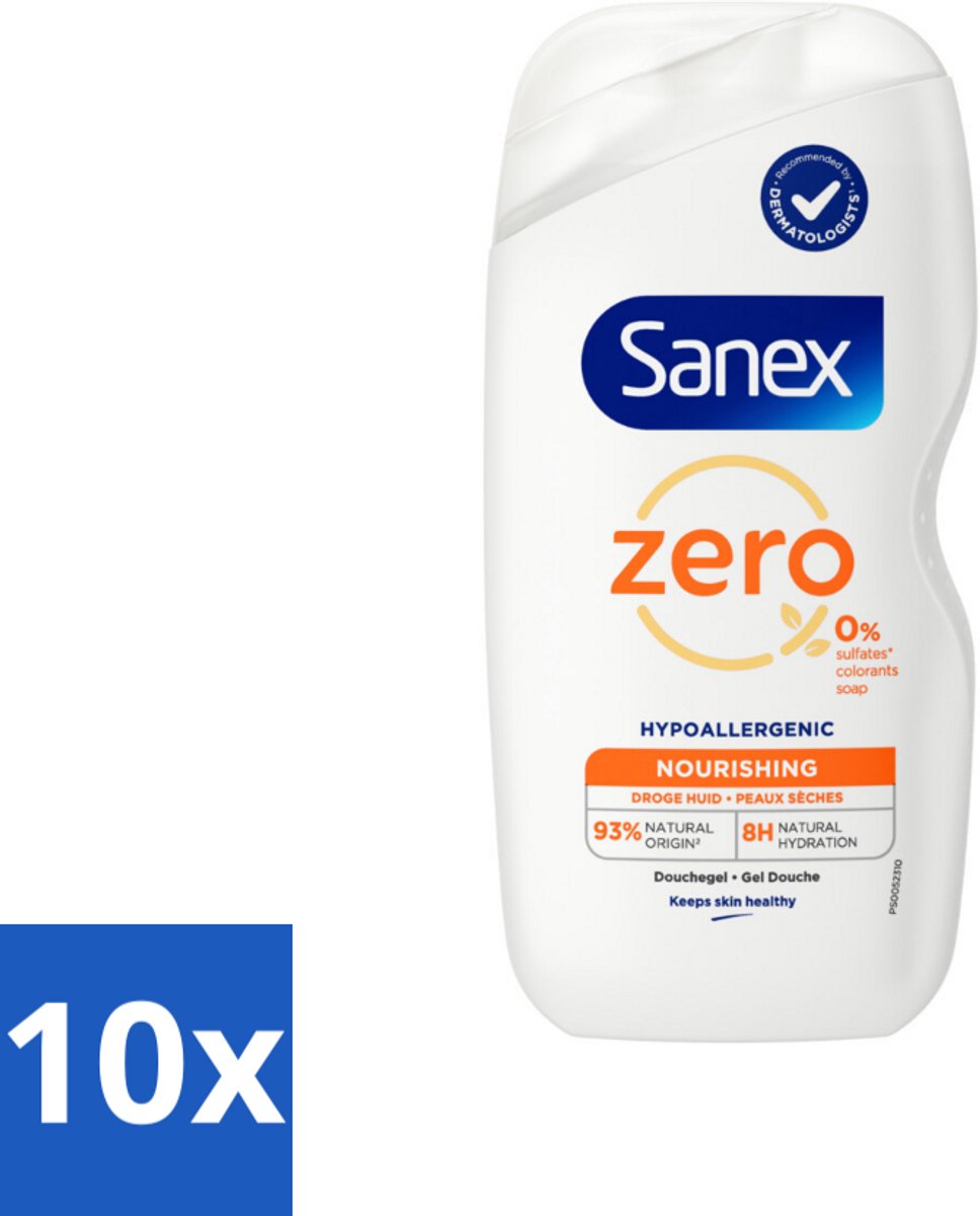 Sanex Zero% - Douchegel - Verzorgend - Natuurlijke Ingrediënten - Droge Huid - 400 ml - Bulkverpakking - 10 stuks