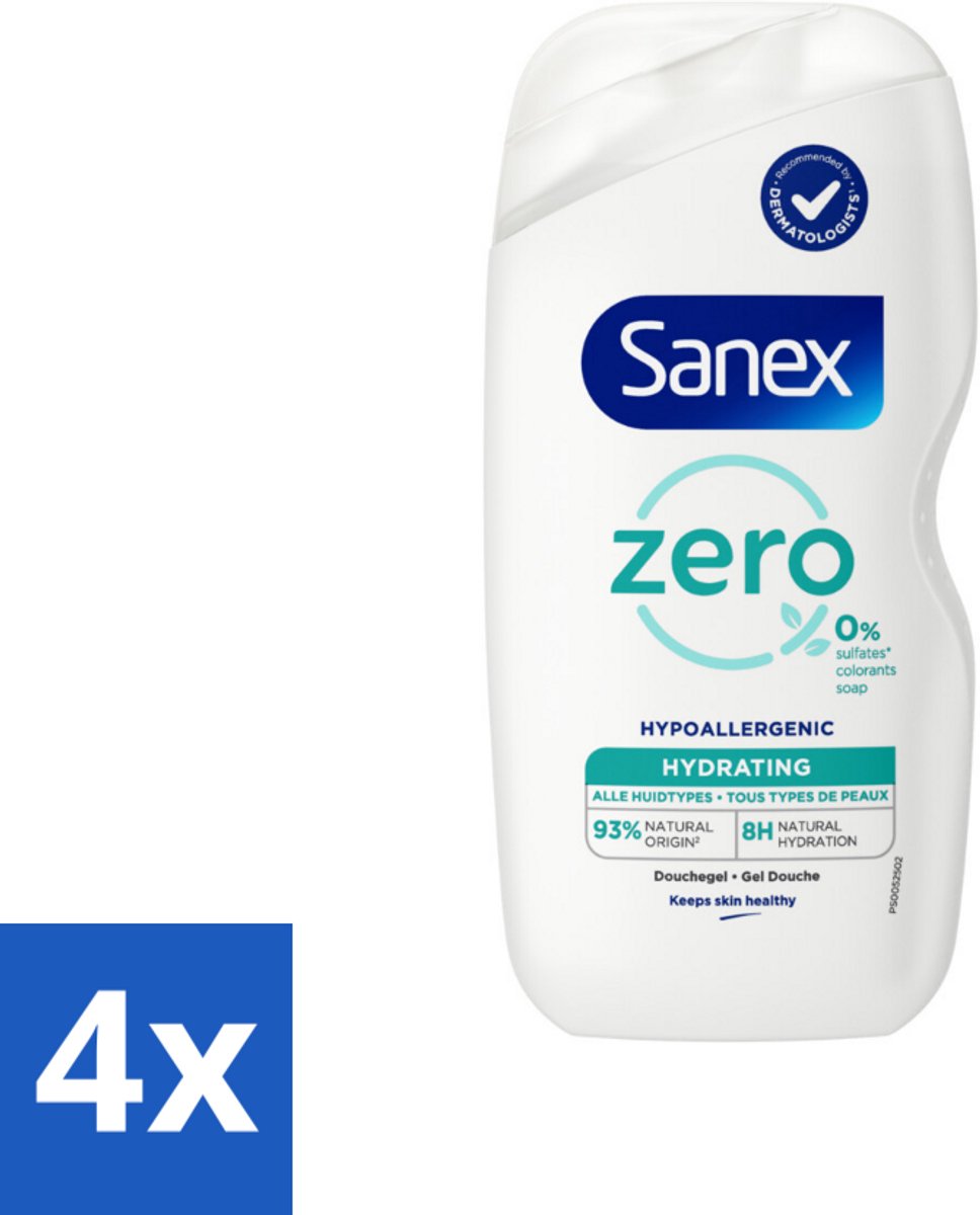 4 x Sanex Zero % - Douchegel - Hydrateert - Alle Huidtypes - 400 ml - Sanex Douchegel - Hydraterende Douchegel - Douchegel Zonder Sulfaten - Douchegel Zonder Kleurstoffen - Douchegel Voor Alle Huidtypes
