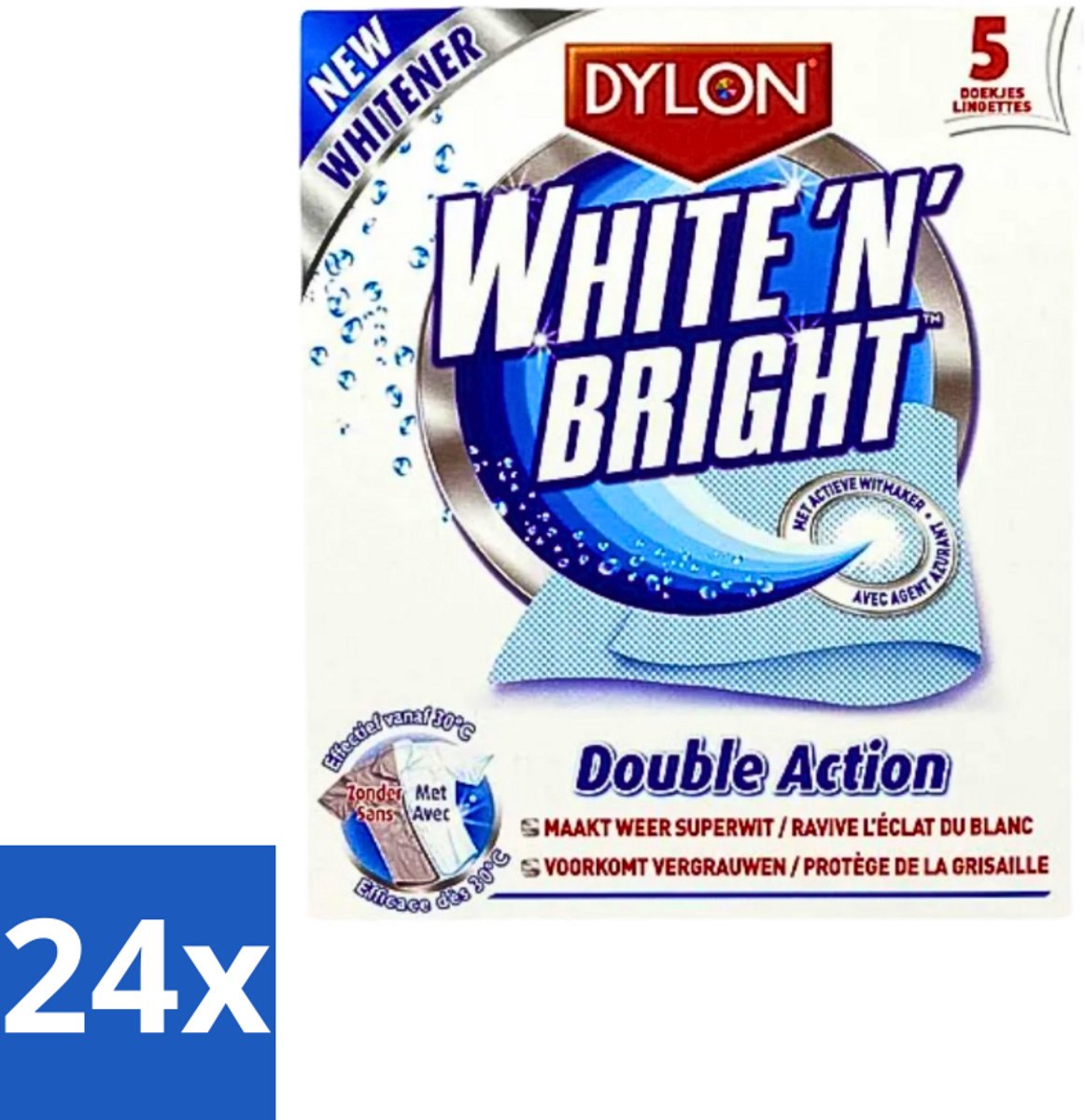 Dylon - Vlekverwijderaar - White & Bright - Superwit & Vlekkeloos - 5 Doekjes - Voordeelverpakking - 24 stuks