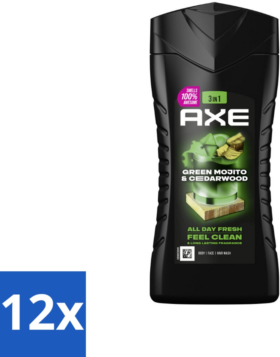 Axe - 3-in-1 Douchegel - Wild Mojito & Cedarwood - 12hrs Long Lasting Scent - 250 ml - Voordeelverpakking - 12 stuks