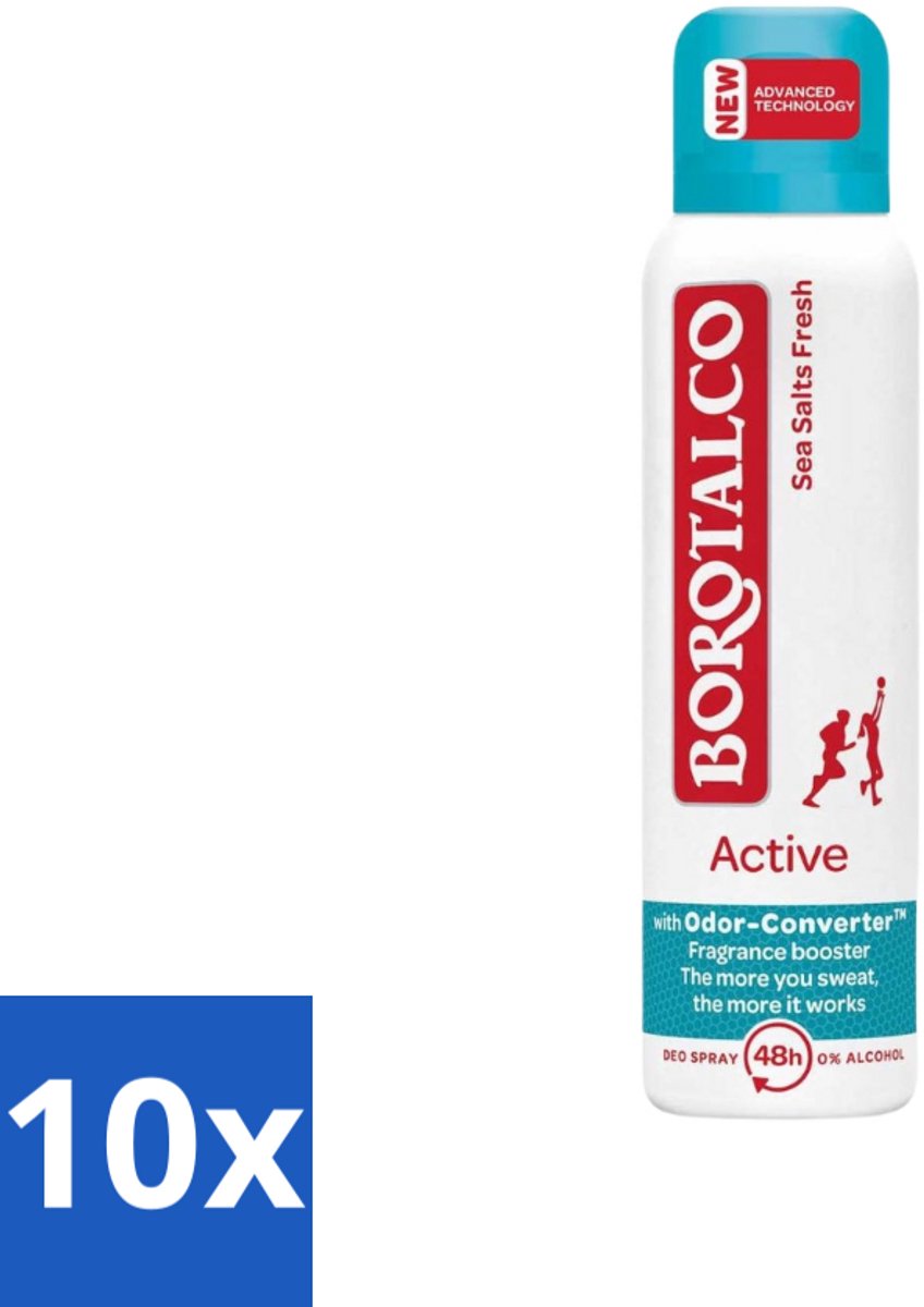 Borotalco - Deodorant Spray - Active - Sea Salts Fresh - 0% Alcohol - 150 ml - Bulkverpakking - 10 stuks