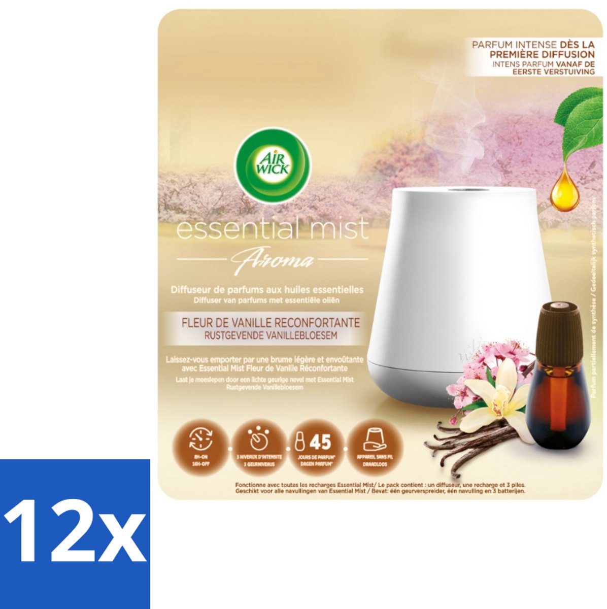 12 x Air Wick Essential Mist - Elektrische Geurverspreider - Starterkit - Rustgevende Vanillebloesem - 20ml - Elektrische Geurverspreider - Geurverspreider - Essentiële Oliën - Vanillebloesem - Rustgevende Geur