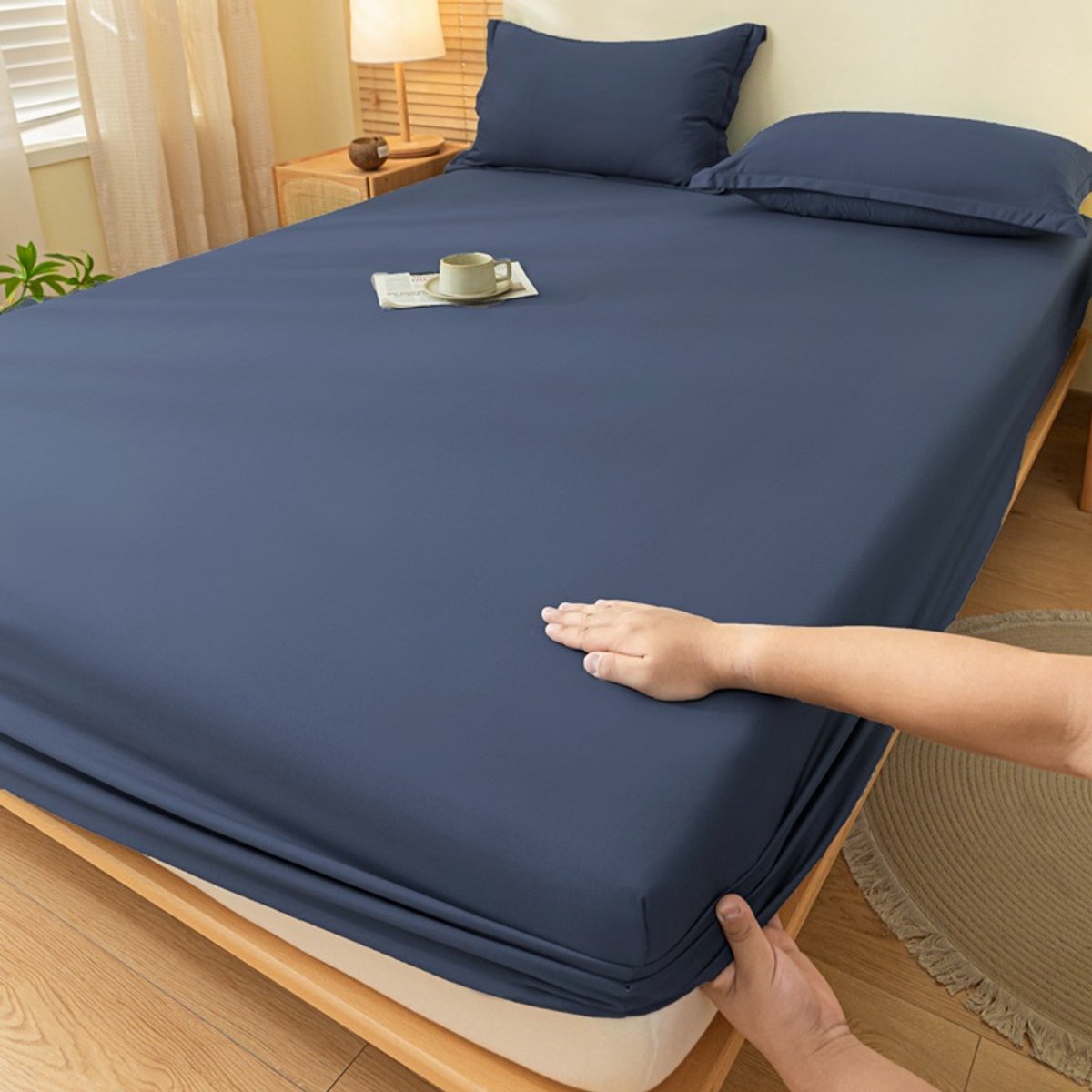 Hoeslaken, dekbedovertrek, effen katoenen sprei, matrashoes (1 stuk)-Waasblauw-180*200cm