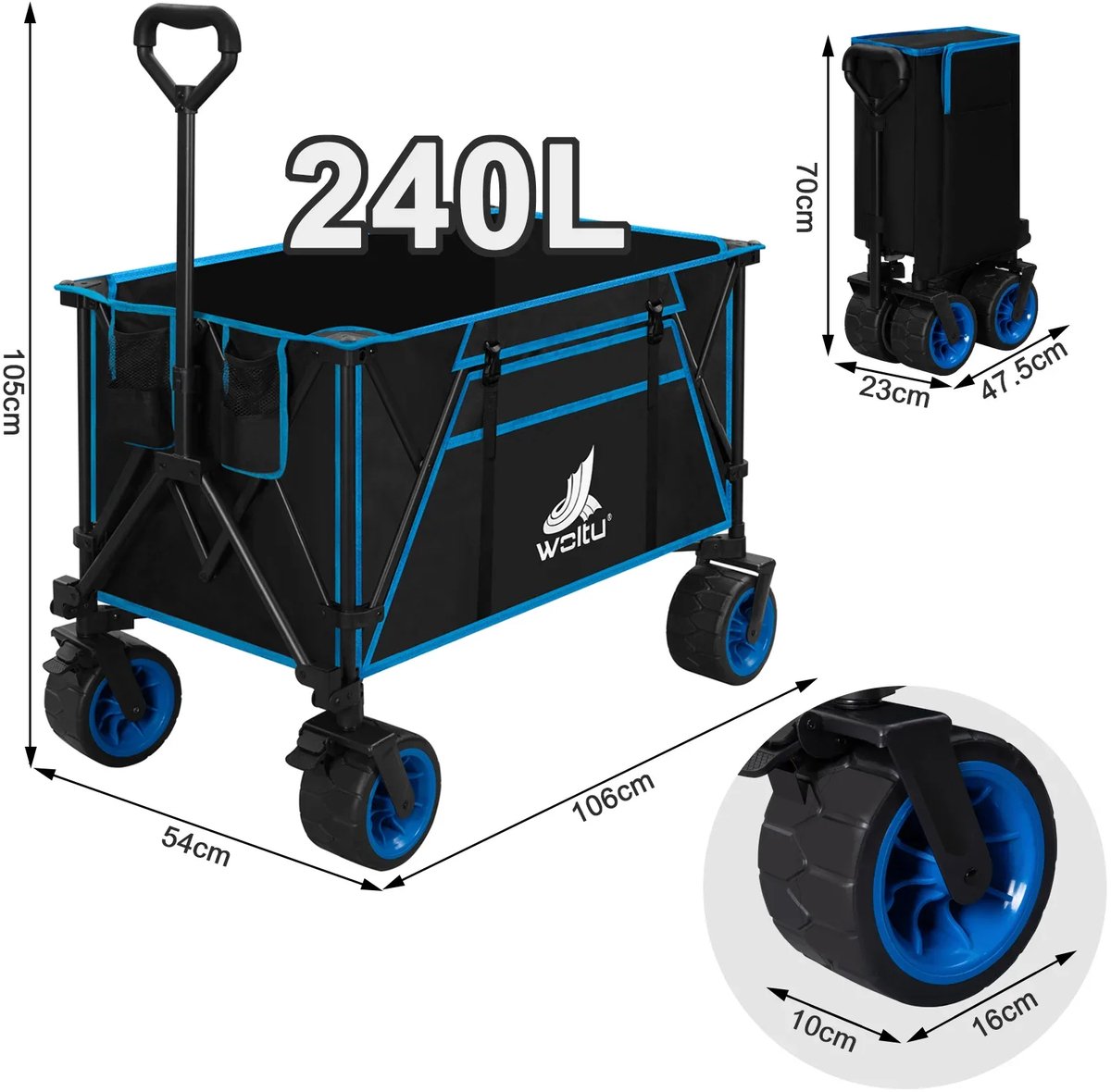 Klarven® Handkarretje Blauw - Bolderkar - Wagon Cart - Opvouwbaar, Tot 120 kg draagvermogen - Wielen voor ieder terrein, Inclusief draagtas - 47,5x70x23cm