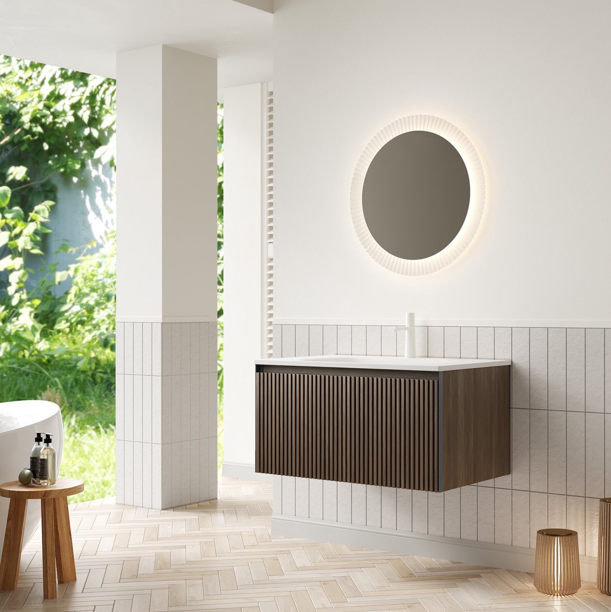 OKWISH Badkamermeubel - Wandmodel Met Inbouwwastafel En 1 Lade - 80 x 46 x 41,8 cm - Soft-Close - Multiplex Bruin Eiken/Wit Keramiek