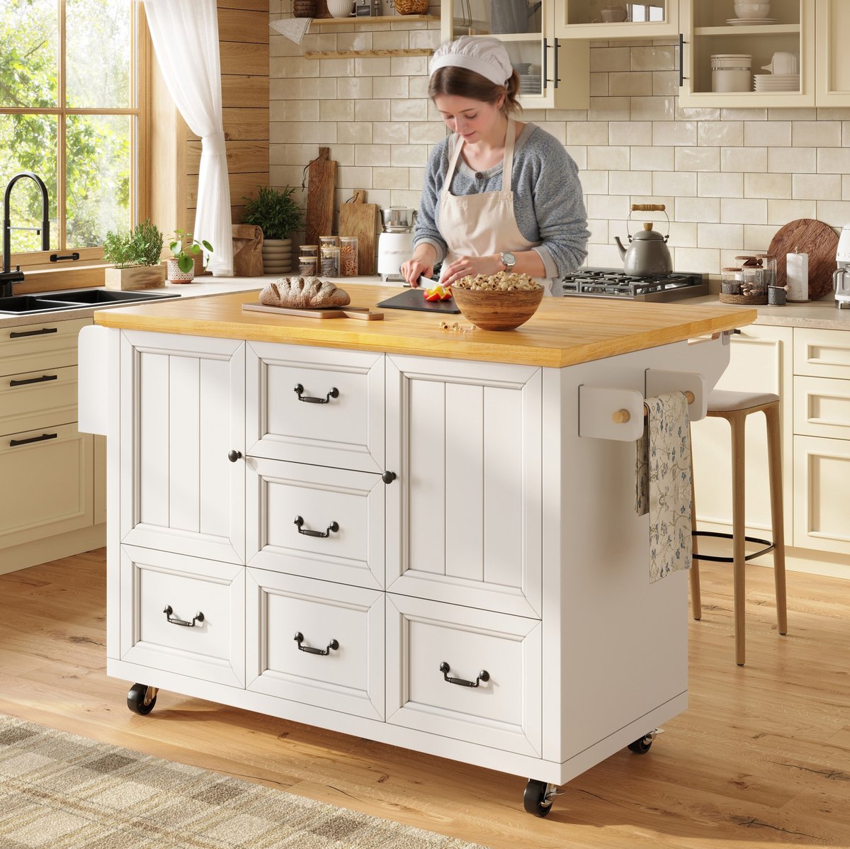 Wishdor Keukeneiland - Op wielen en opklapbaar blad - Vijf lades en twee deuren - Verstelbare plank en kruidenrek - Keuken eetkamer woonkamer - Wit - 120 x 73 x 93 cm
