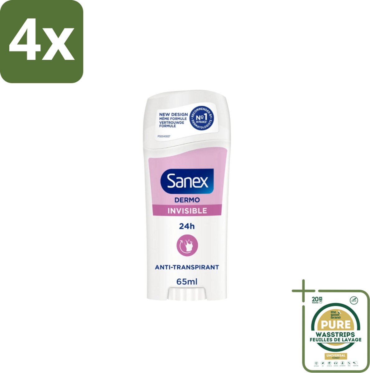 Sanex – Deodorant Stick – Dermo Invisible – 65 ml - Voordeelverpakking - 4 stuks - Onzichtbare deodorant - Huidvriendelijke deodorant