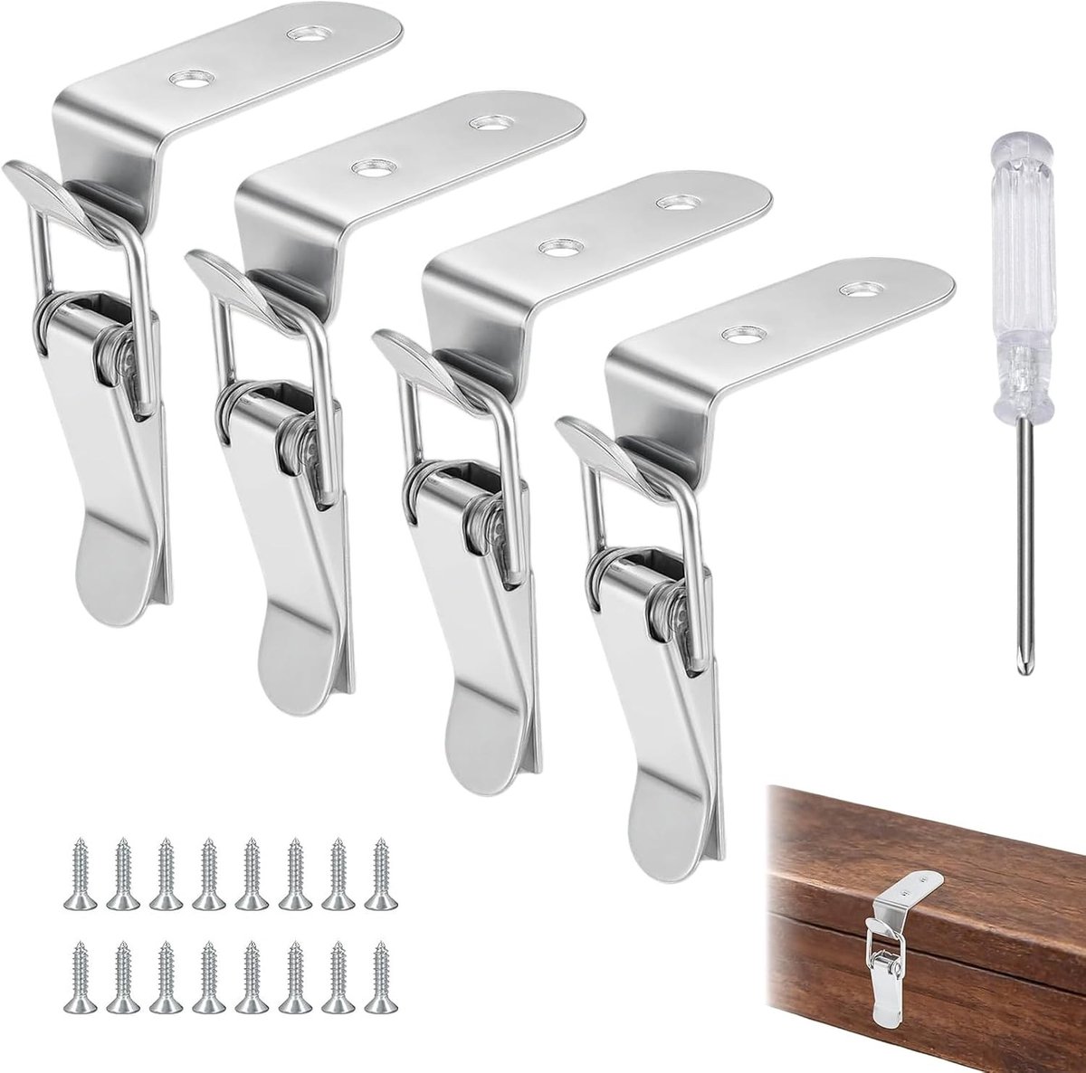 Set van 4 RVS 90 Graden Klemmen met Schroeven en Schroevendraaier voor Toolbox en Kastbeveiliging, Ideaal voor Houten Dozen en Schuren