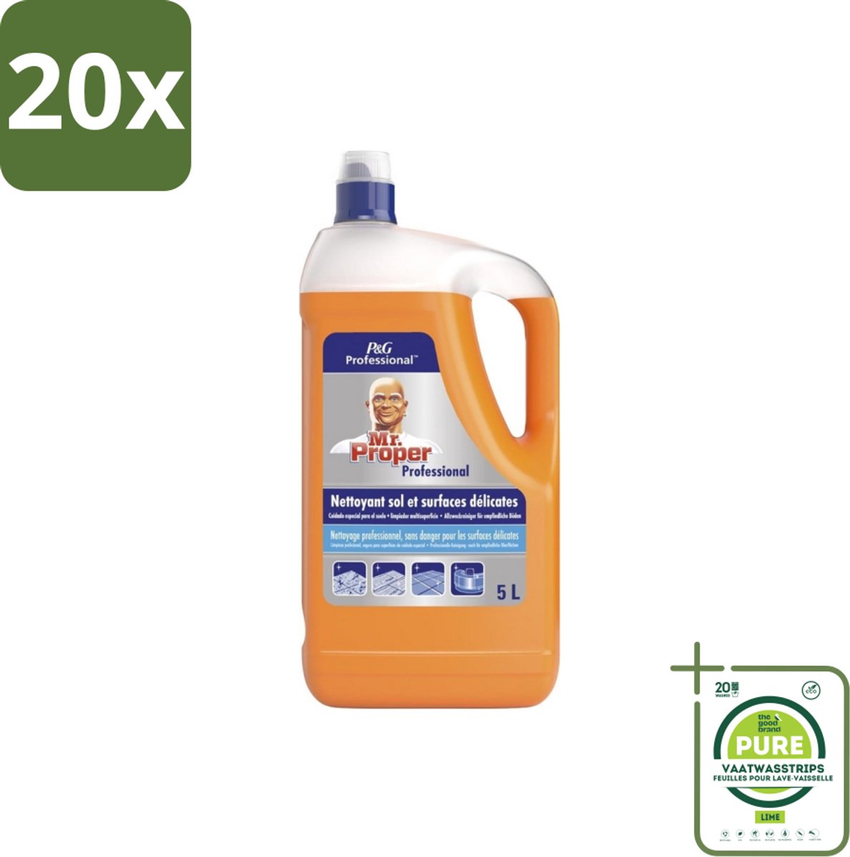 20 x Mr. Proper – Allesreiniger – Professional Delicate – 5 L - Grootverpakking - Allesreiniger - Vet Verwijderen - Vuil Verwijderen - Vlek Verwijderen - Hygiëne
