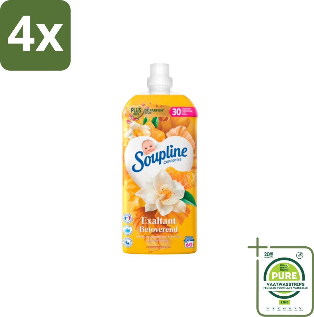 Soupline – Wasverzachter – Betoverend Mandarijn & Vanille – 1,28 L - Voordeelverpakking - 4 stuks - Wasverzachter - Wasverzachter mandarijn en vanille