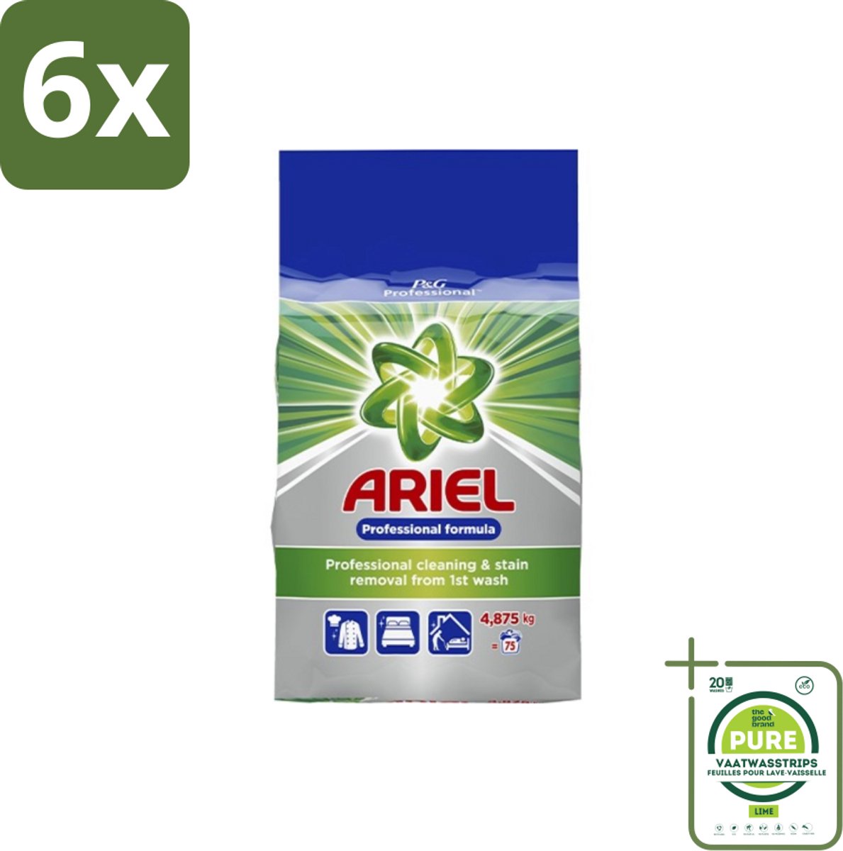 Ariel – Waspoeder Professional – Original – 4,8 kg – 75 wasbeurten - Voordeelverpakking - 6 stuks - Ariel Professional Waspoeder - 4.8 kg Waspoeder