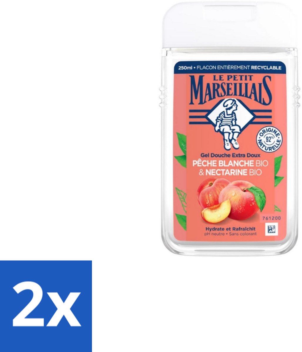 2 x Le Petit Marseillais – Douchegel – Pêche Blanche & Nectarine Bio – 250 ml - Douchegel - Biologische Douchegel - Perzik En Nectarine - Fruitige Geur - Zachte Reiniging