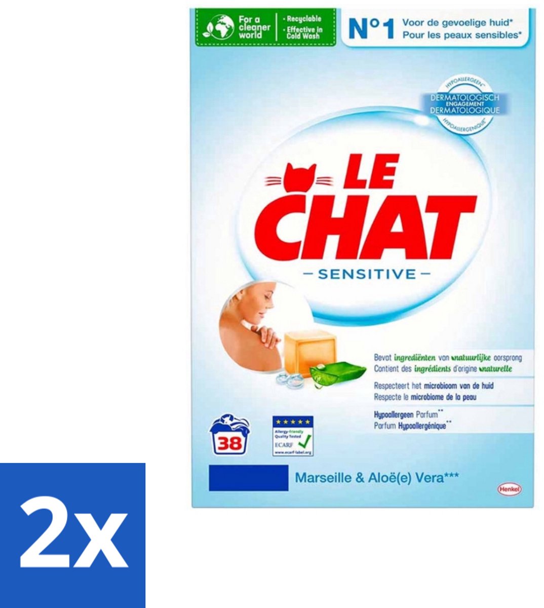 2 x Le Chat – Waspoeder – Sensitive Marseille & Aloe Vera – 38 wasbeurten – 2,28 kg - Waspoeder - Hypoallergisch - Huidvriendelijk - Marseillezeep - Aloë Vera