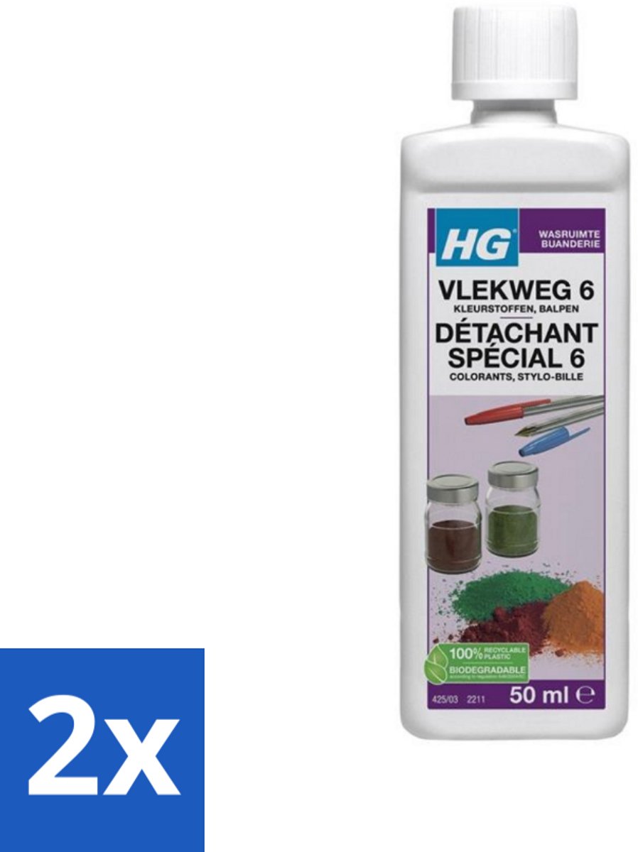 2 x HG - Wasruimte - Vlekweg 6 - Kleurstoffen & Balpen - 50 ml - Vlekkenverwijderaar - Hardnekkige Vlekken - Vlekken Uit Textiel - Balpen Vlekken - Kleurstoffen Vlekken