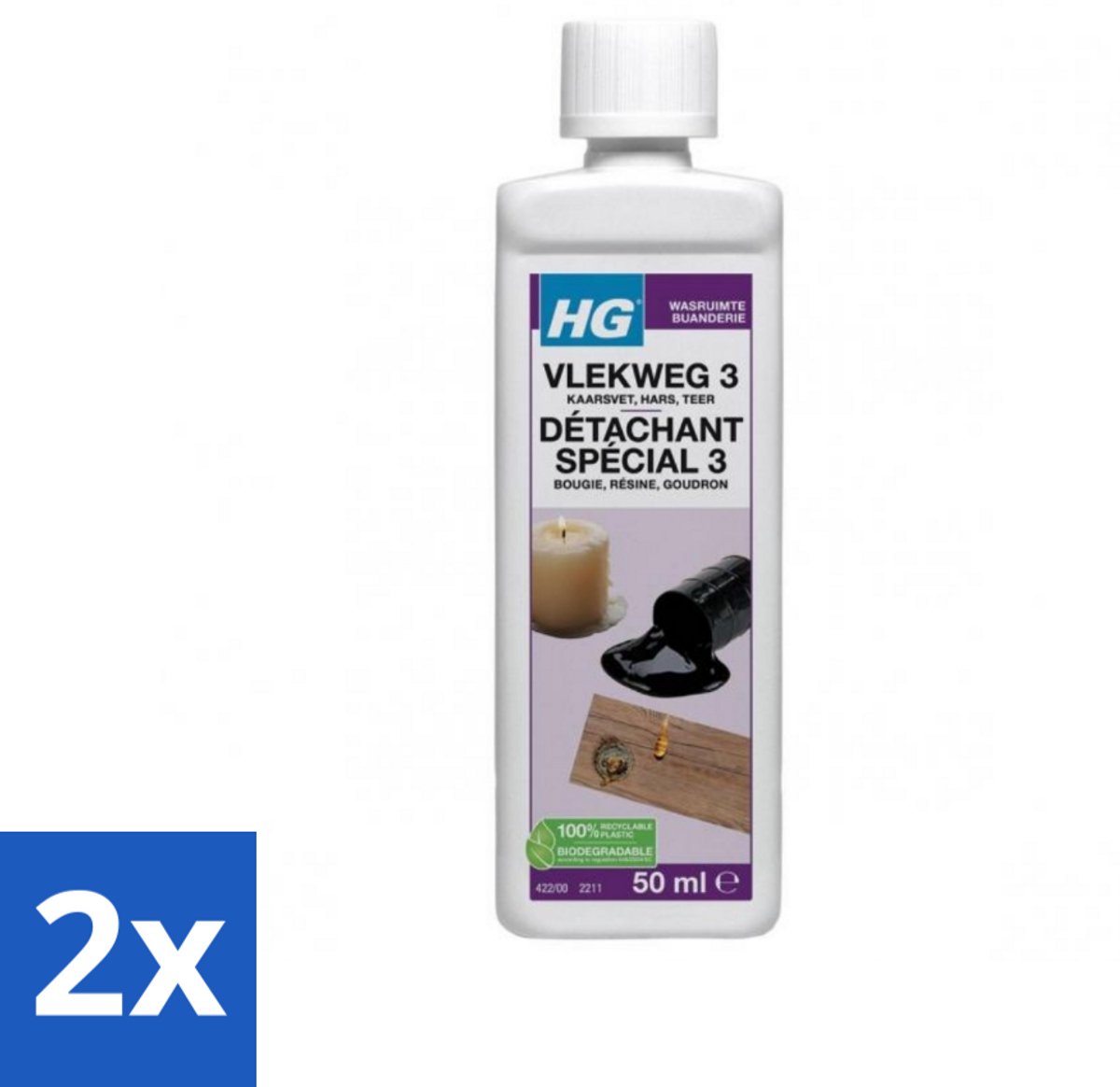 2 x HG - Wasruimte - Vlekweg 3 - Kaarsvet, Hars & Teer - 50 ml - Vlekkenverwijderaar - Kaarsvet Vlekken - Teer Vlekken - Hars Vlekken - Textiel Reiniging