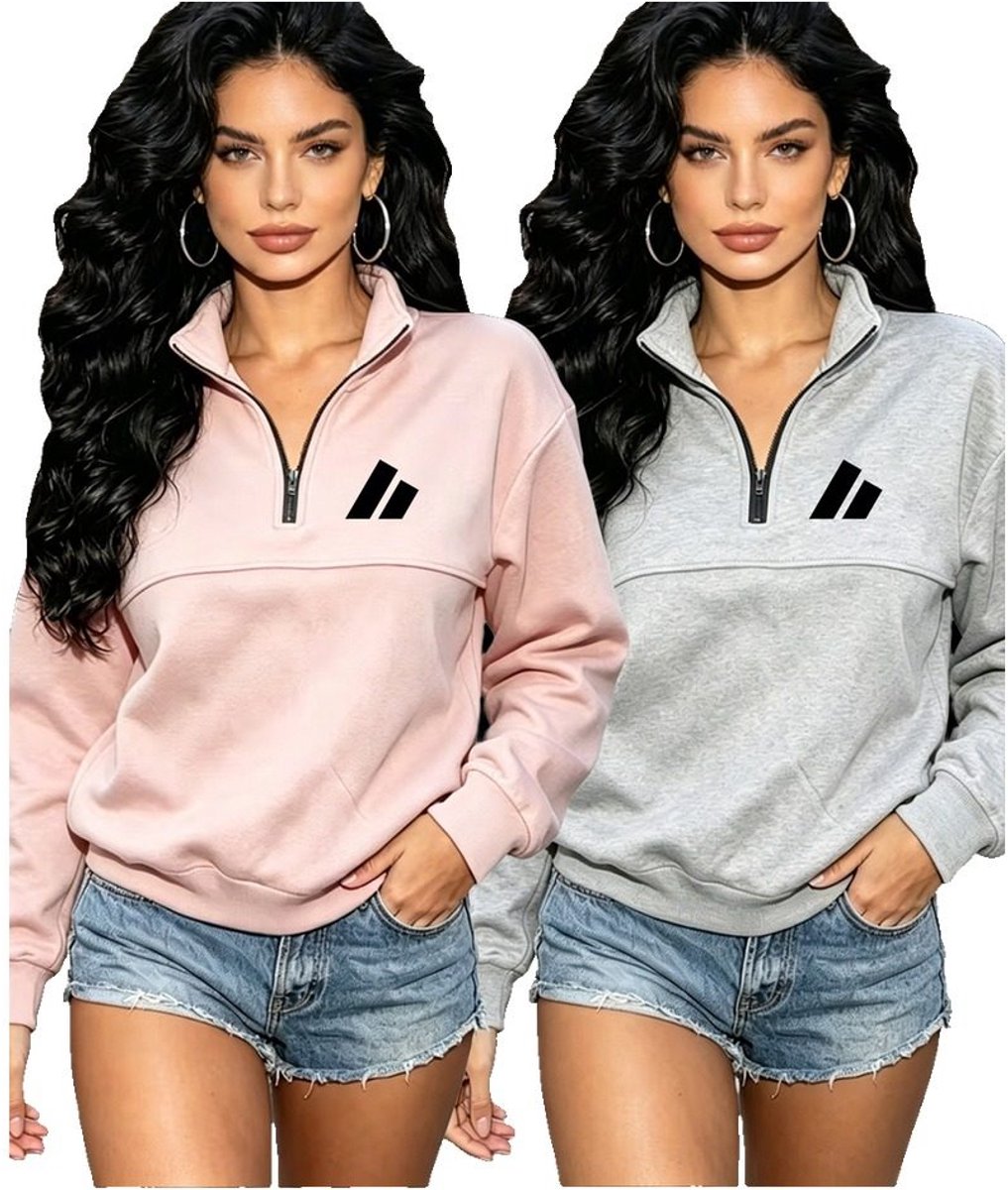 Currero Quarter Zip Dames Sweater Met Rits Jumper Quarterzip Hoodie Warme Trui Vest Lang Coltrui + Lichtgrijs Roze